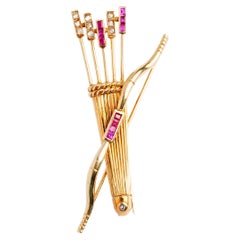 Cartier Retro Yellow Gold Diamond Ruby Bow and Arrows Pin Brooch