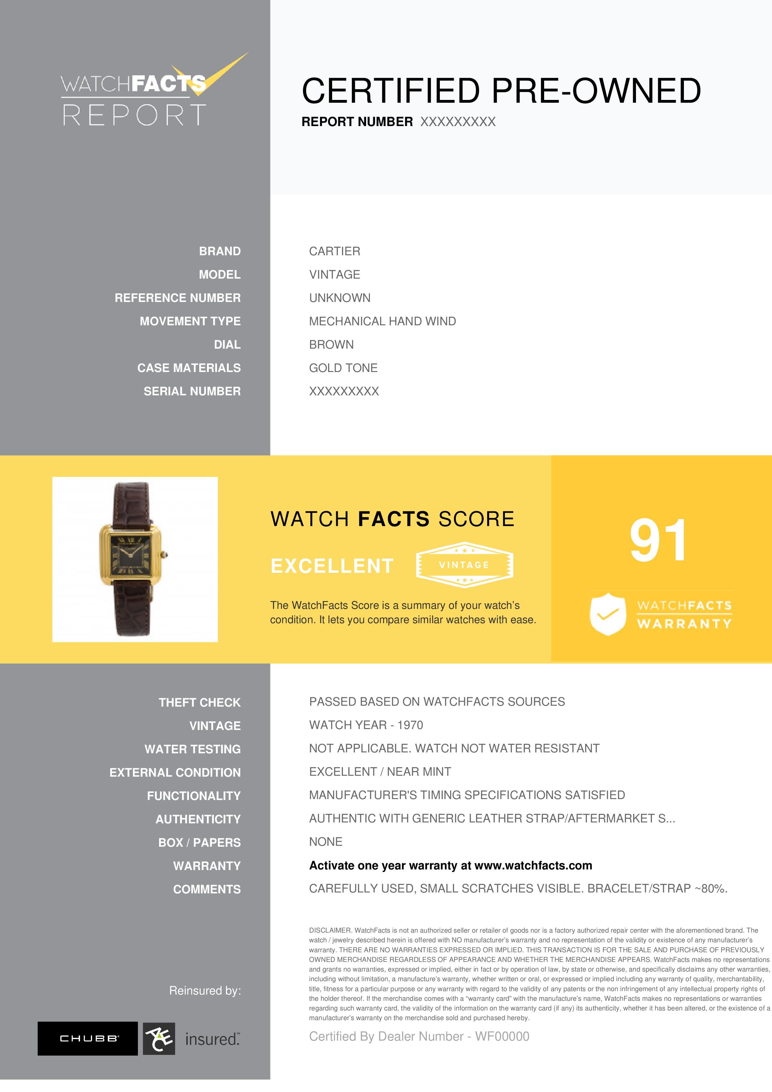 Cartier Vintage Reference #:Unknown. Cartier Electroplated Carre Women's Vintage Hand Winding Watch Gold Plated 28MM. Verified and Certified by WatchFacts. 1 year warranty offered by WatchFacts.

