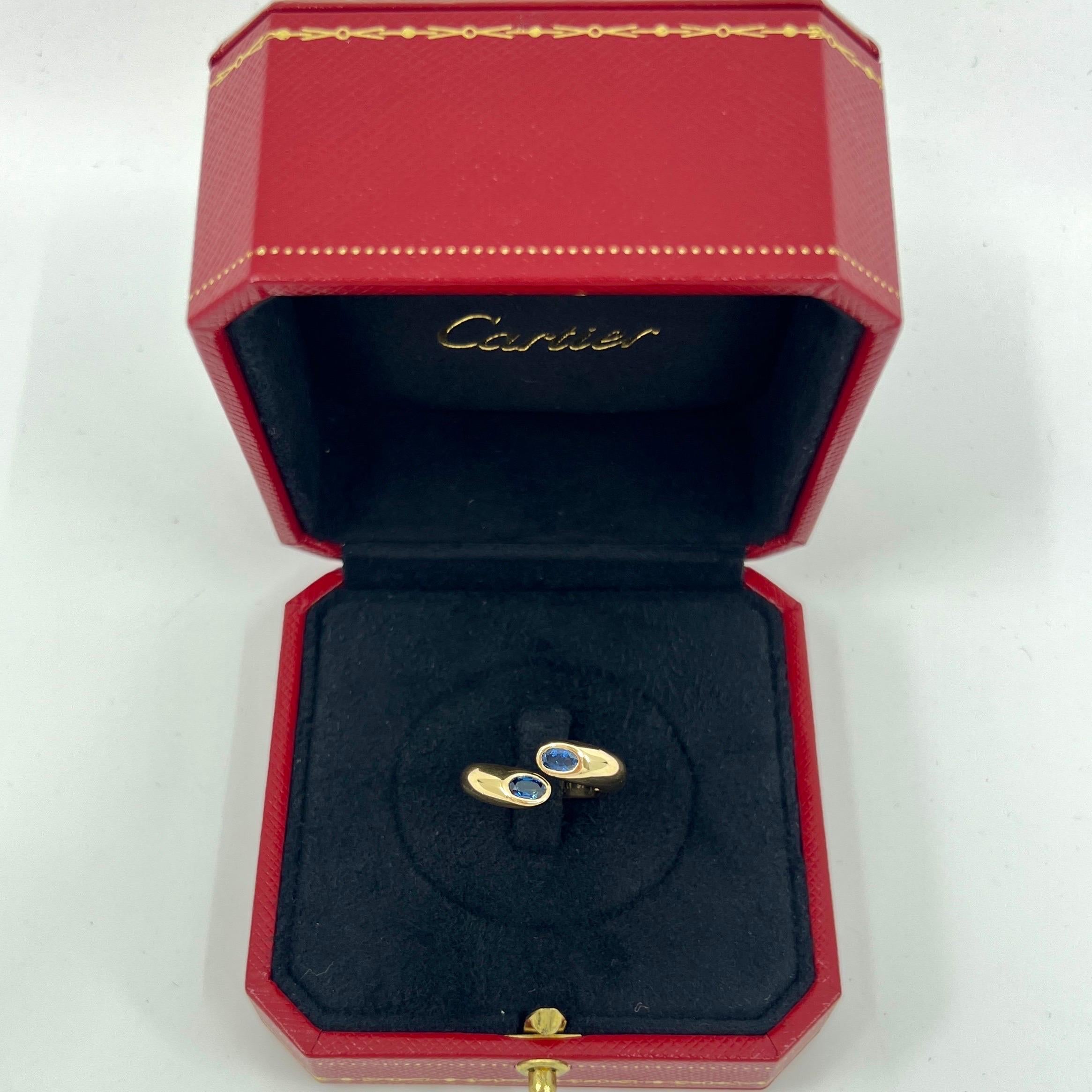Cartier Vivid Blue Sapphire Oval Cut Ellipse 18k Gold Bypass Split Ring EU49 7