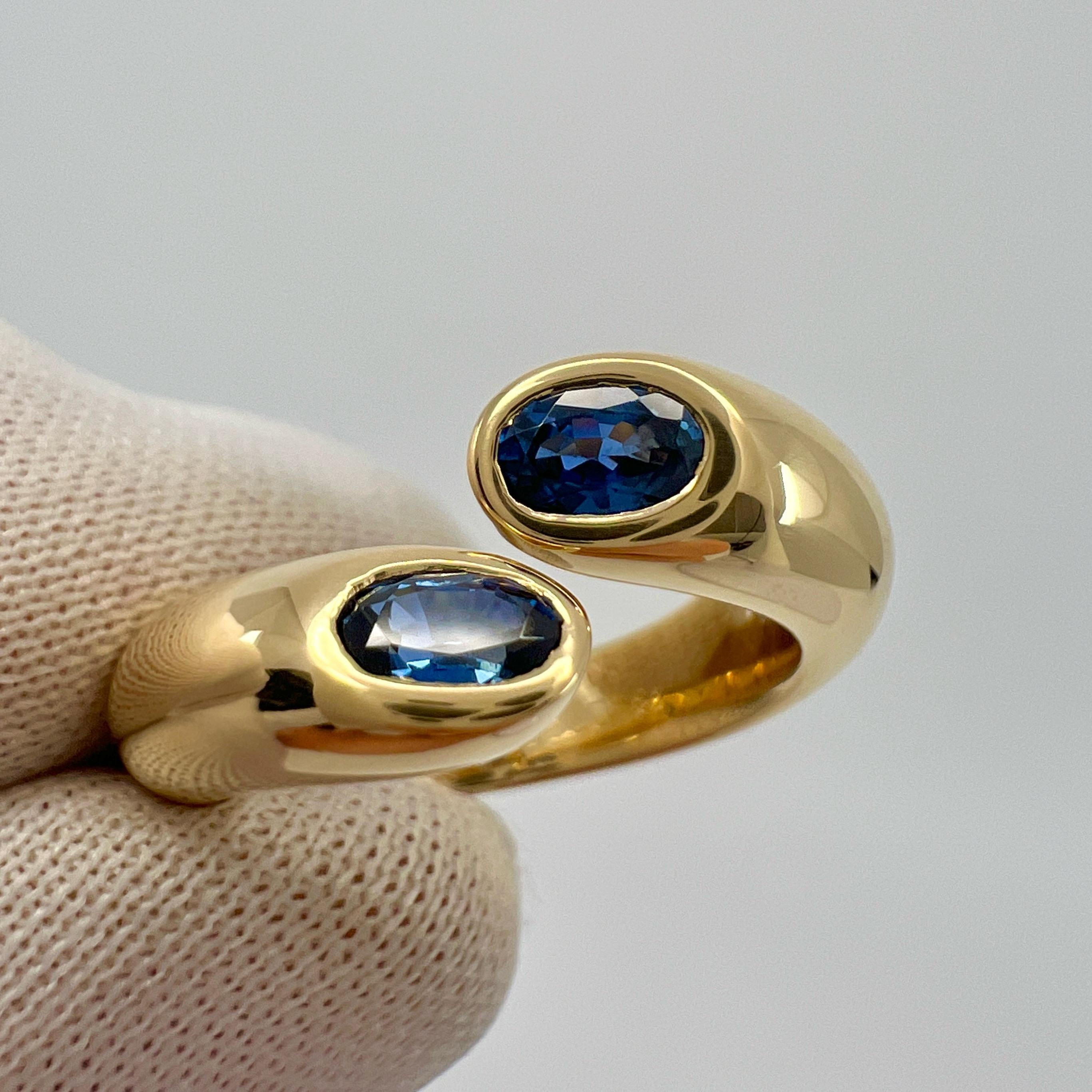 Cartier Vivid Blue Sapphire Oval Cut Ellipse 18k Gold Bypass Split Ring EU49 8