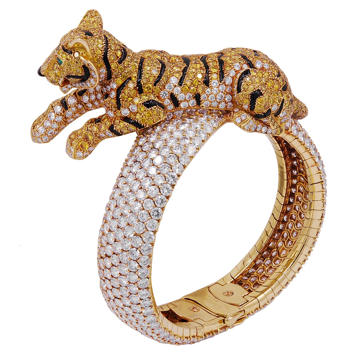 Mixed Cut Cartier Vivid Yellow, White Diamond Panther Watch For Sale
