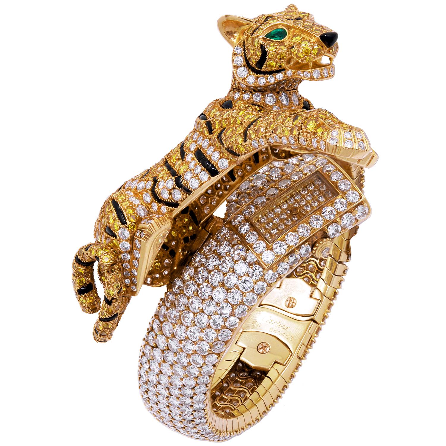 Cartier Vivid Yellow, White Diamond Panther Watch In Excellent Condition For Sale In New York, NY