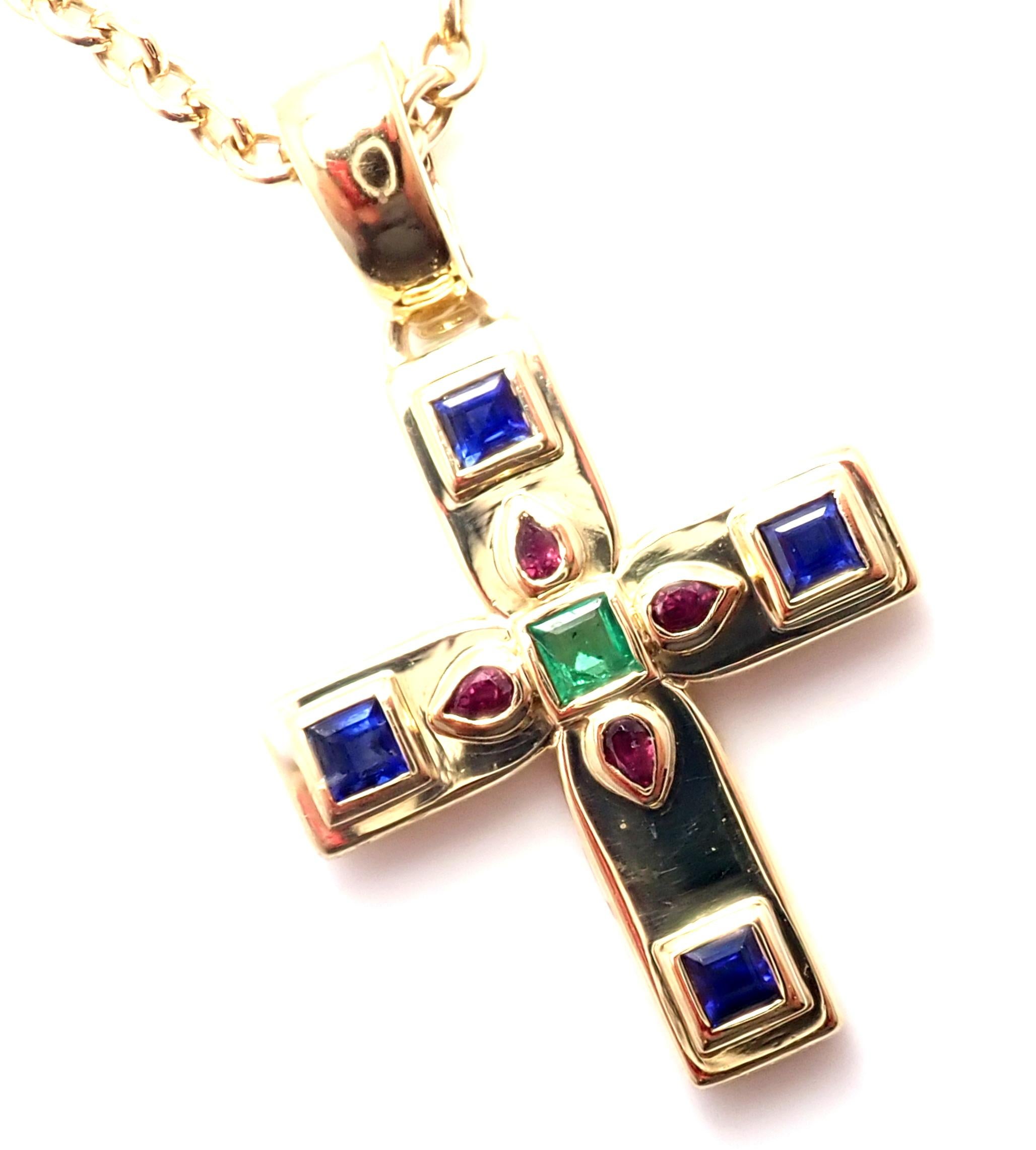 Cartier Vizantija Cross Sapphire Ruby Emerald Yellow Gold Pendant Necklace 4