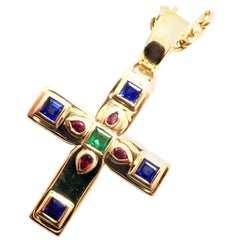 Vintage Cartier Vizantija Cross Sapphire Ruby Emerald Yellow Gold Pendant Necklace