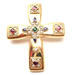 Cartier Vizantija Emerald Sapphire Ruby Diamond Large Gold Cross Brooch Pendant