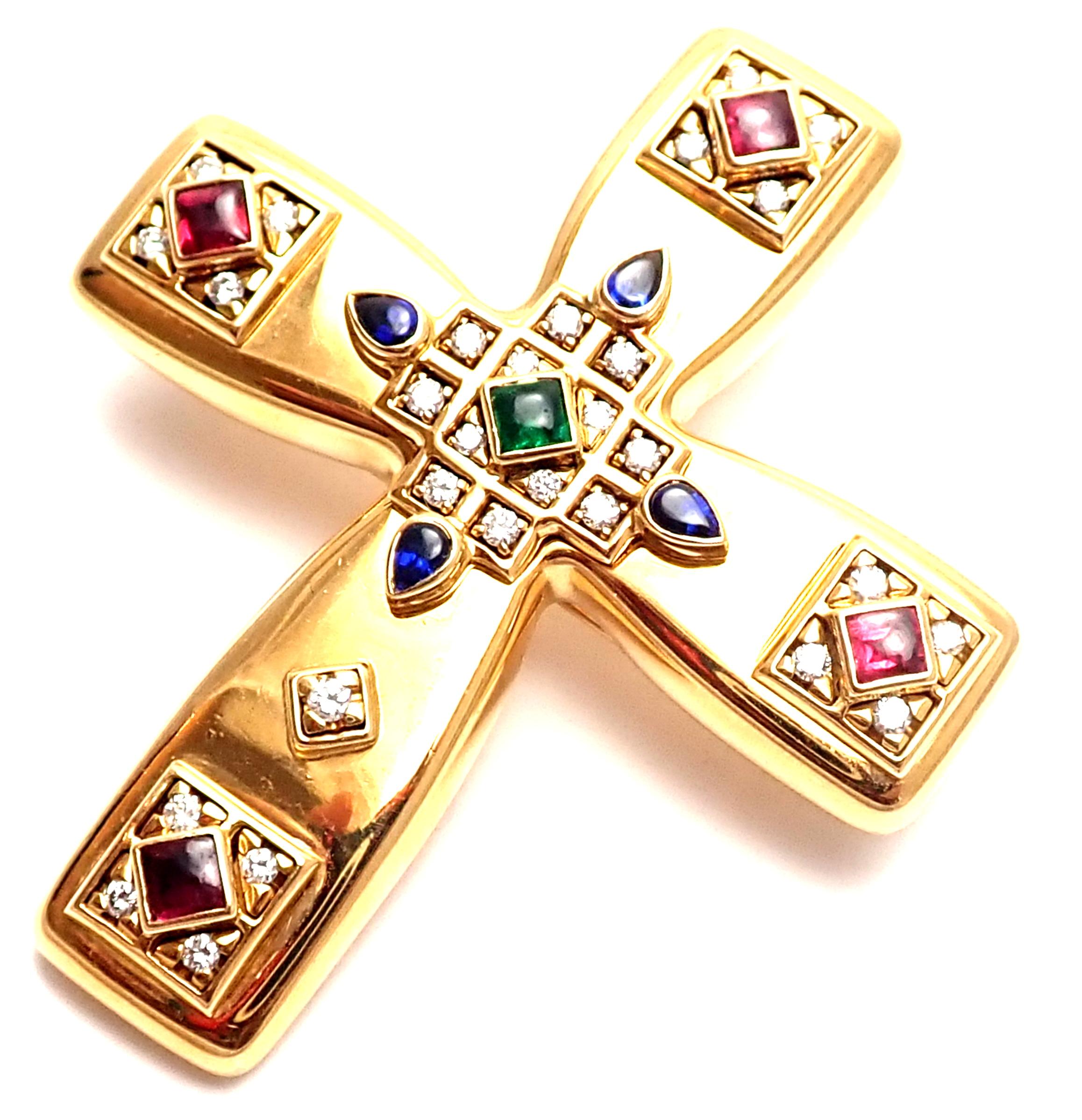 Cartier Vizantija Emerald Sapphire Ruby Diamond Large Gold Cross Brooch Pendant 5