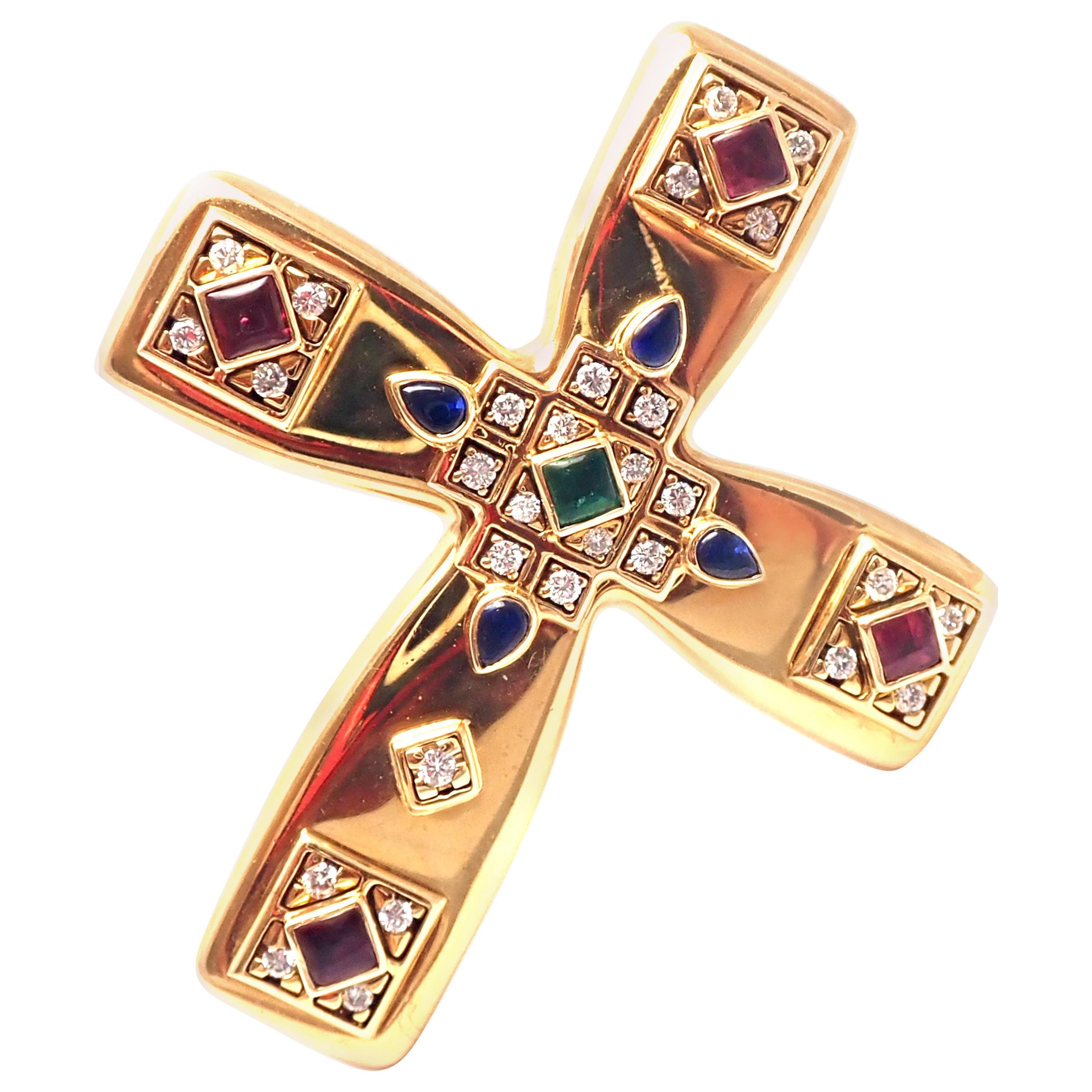 Cartier Vizantija Emerald Sapphire Ruby Diamond Large Gold Cross Brooch Pendant