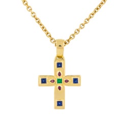 Cartier Vizantija Sapphire, Ruby & Emerald Cross Necklace 18 Karat In Stock