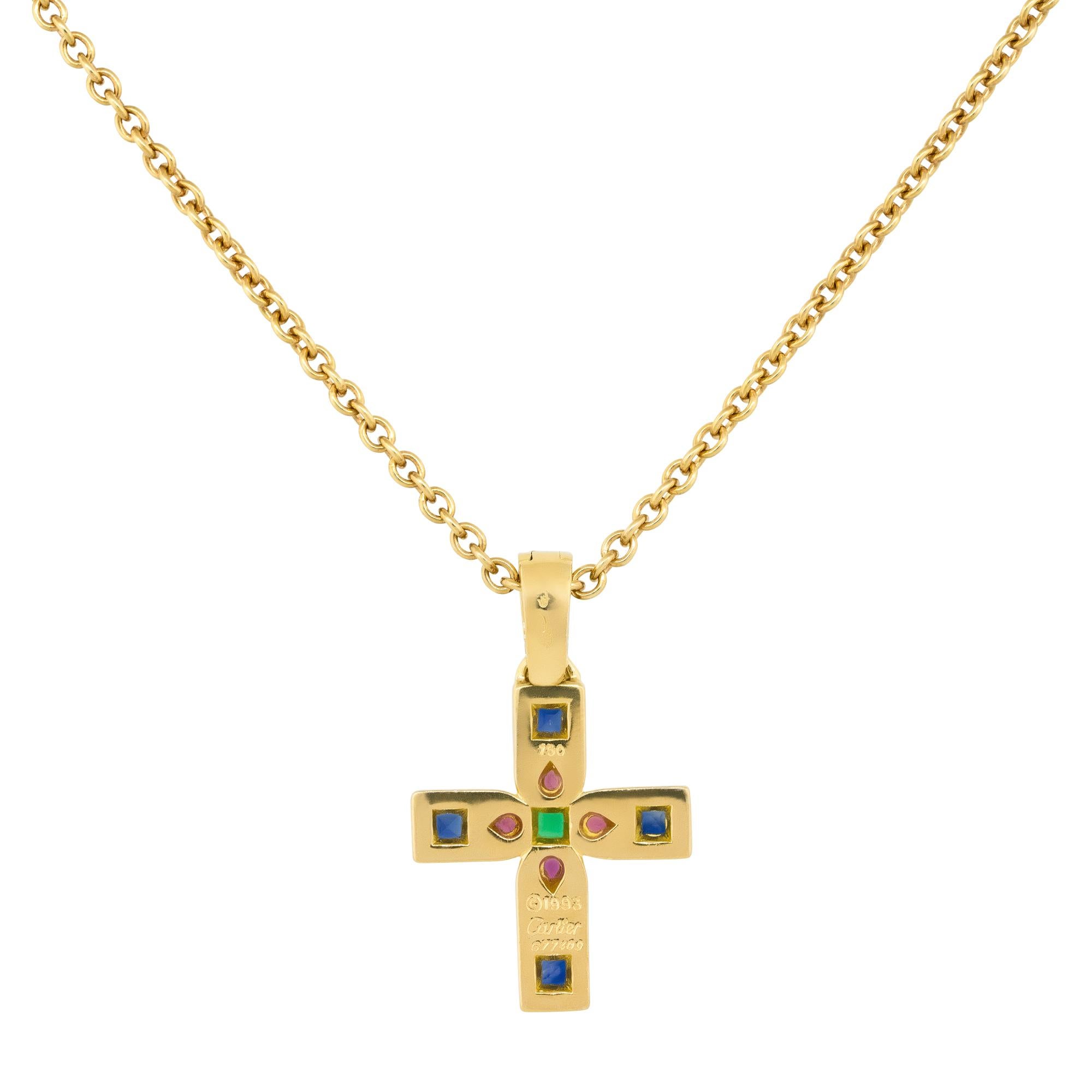 Round Cut Cartier Vizantija Sapphire, Ruby & Emerald Cross Necklace 18 Karat In Stock