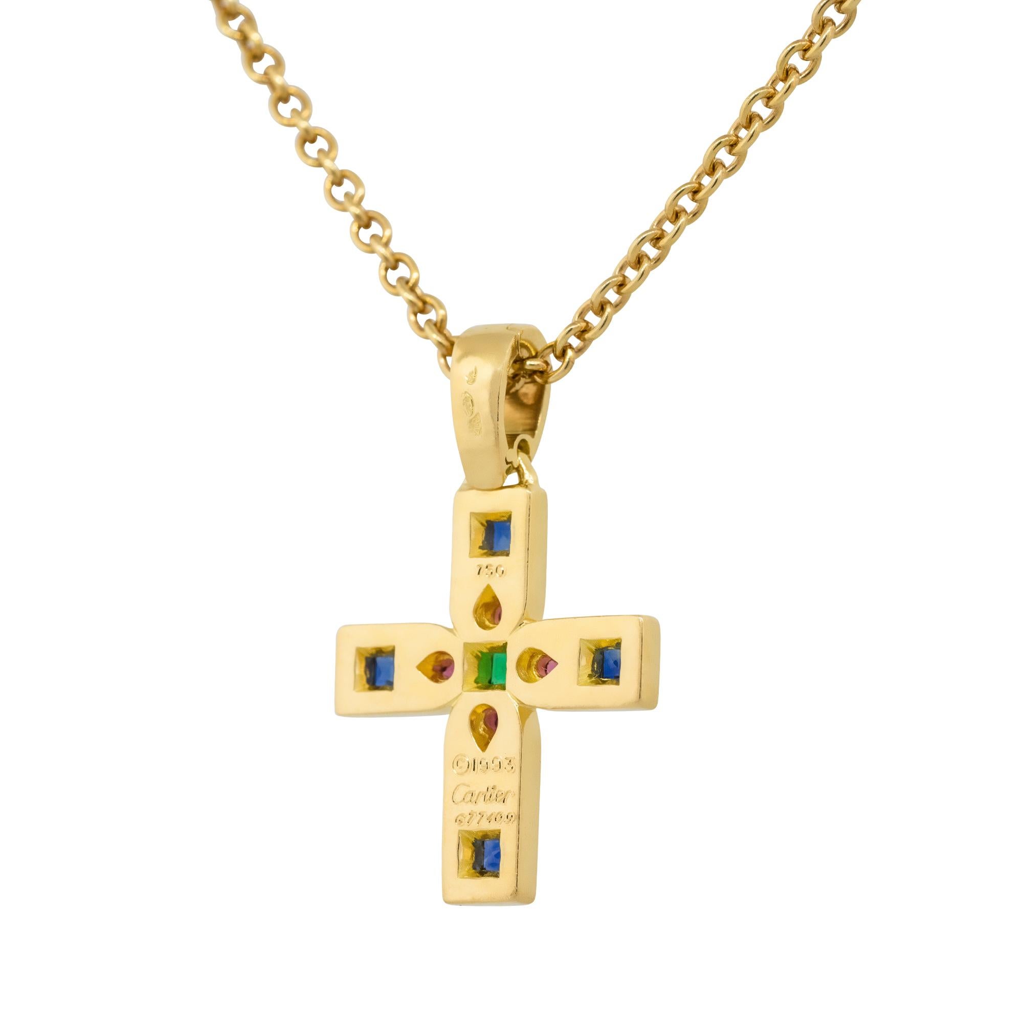 Cartier Vizantija Sapphire, Ruby & Emerald Cross Necklace 18 Karat In Stock In Excellent Condition In Boca Raton, FL