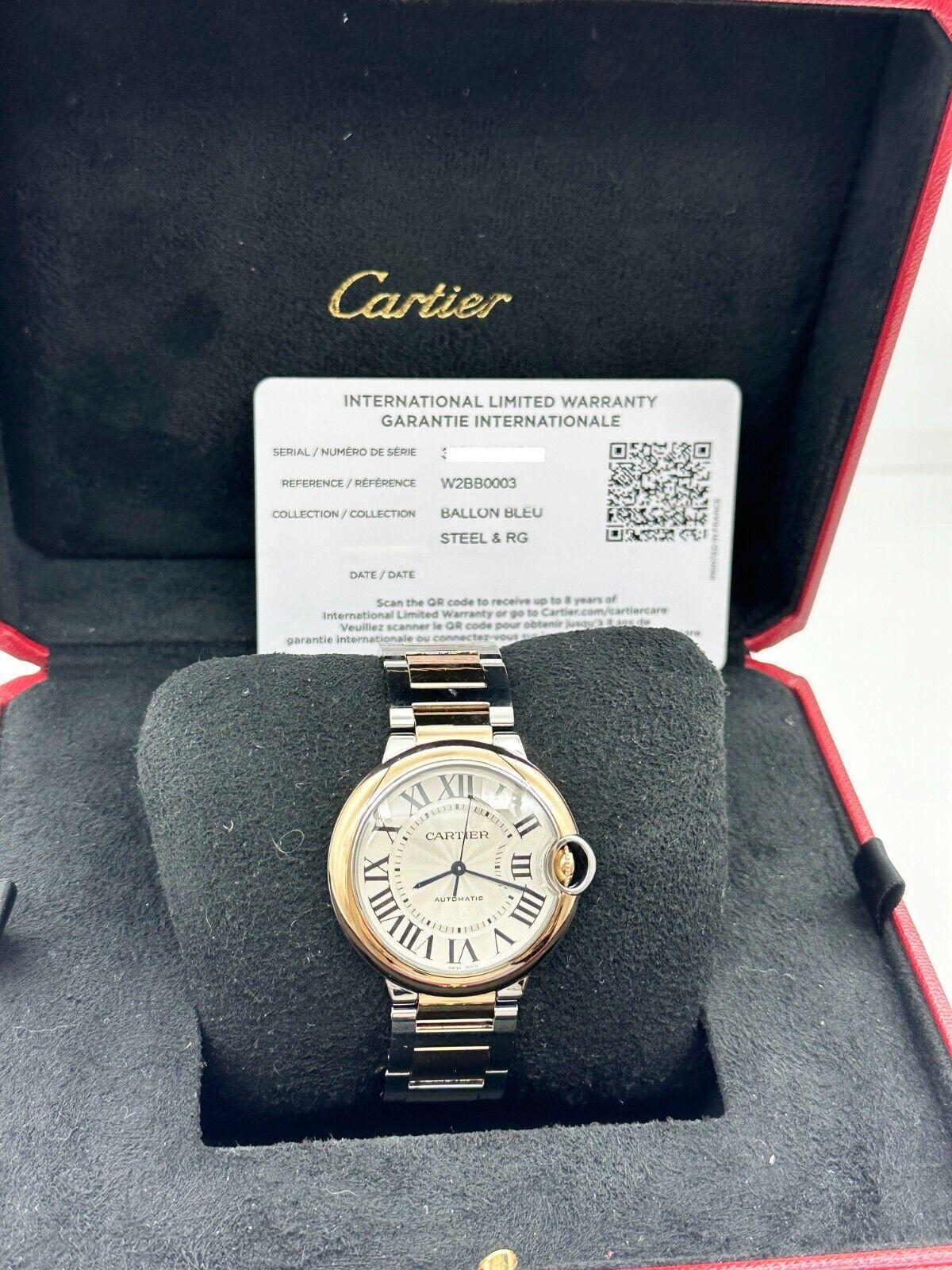 Style Number: W2BB0003

Model: Ballon Bleu

Case Material: Stainless Steel 

Band: 18K Rose Gold & Stainless Steel 

Bezel:  18K Rose Gold 

Dial: Silver Guilloche

Face: Sapphire Crystal 

Case Size: 36mm 

Includes: 

-Cartier Box

-Certified