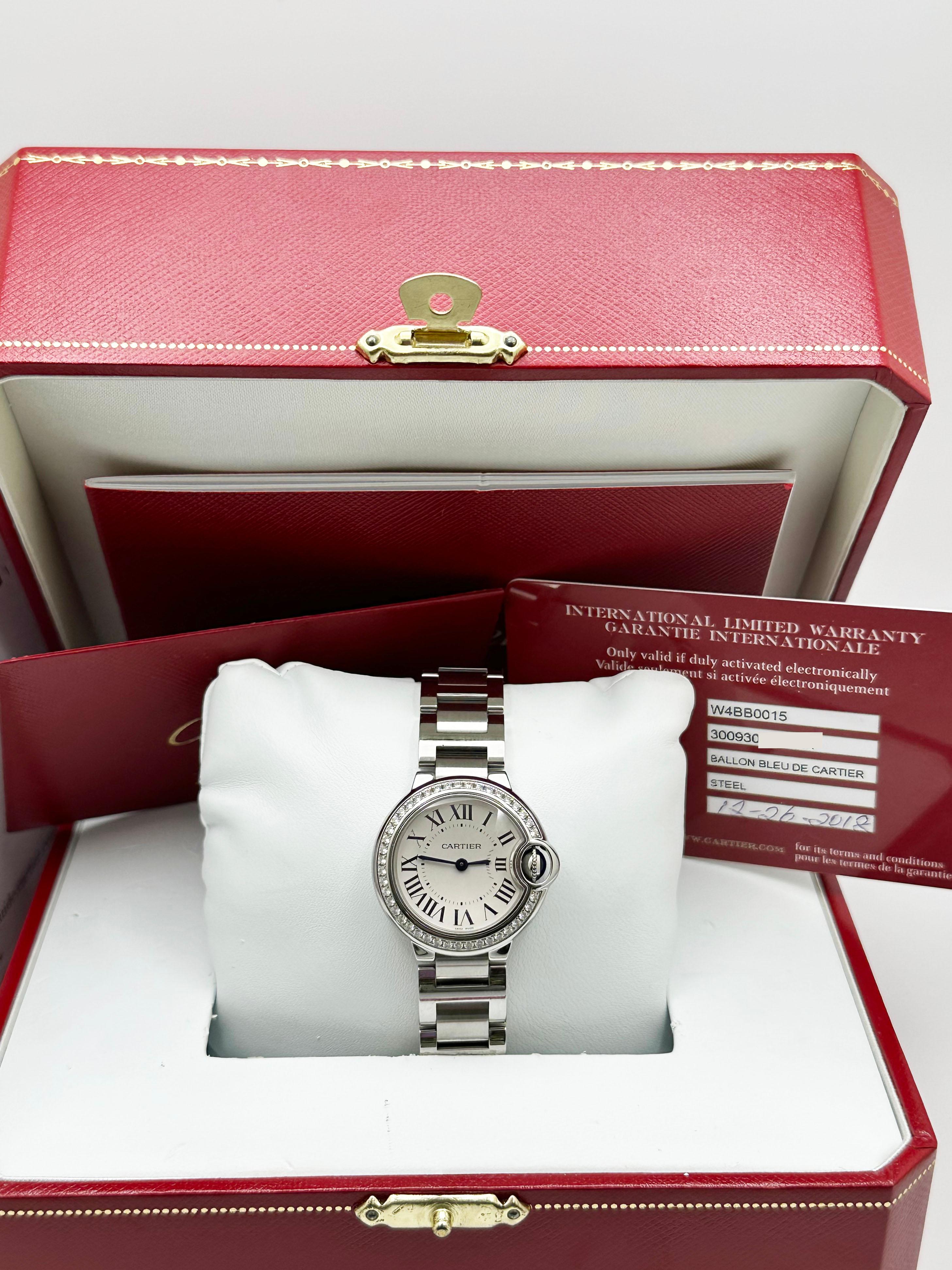 Cartier W4BB0015 3009 Damen 28mm Ballon Bleu Diamant Lünette Edelstahl Schachtel Papier im Zustand „Hervorragend“ in San Diego, CA