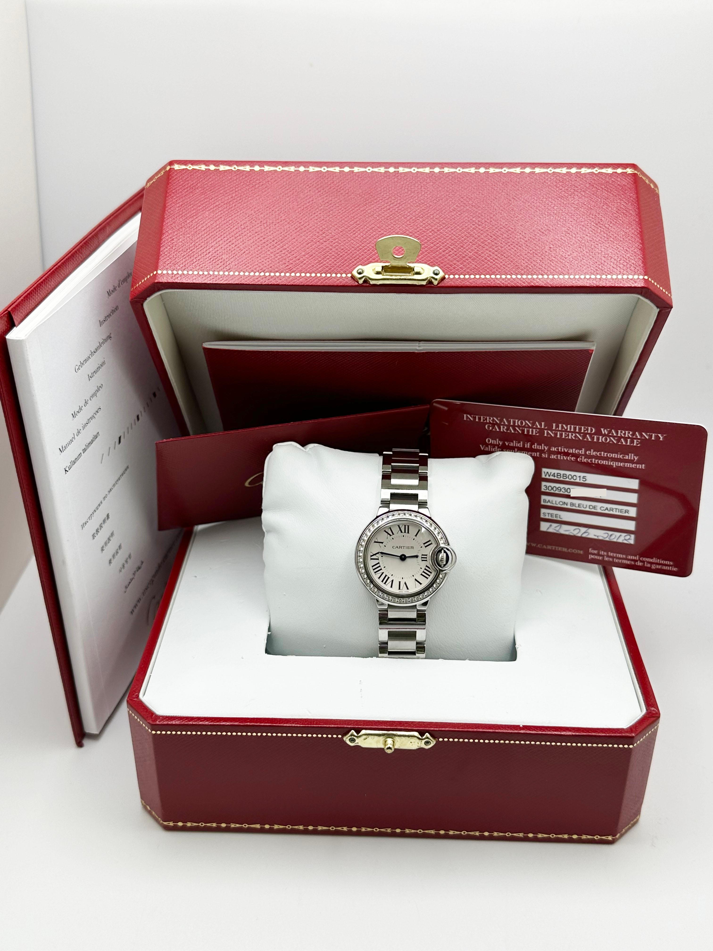 Cartier W4BB0015 3009 Damen 28mm Ballon Bleu Diamant Lünette Edelstahl Schachtel Papier 1