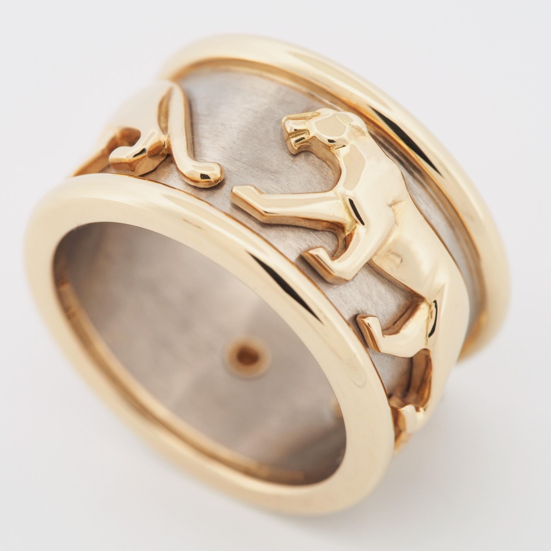 Item: Authentic Cartier Walking Panther Ring 
Stones: ---
Metal: 18K Yellow & White Gold
Ring Size: 52 US SIZE 5.75 UK SIZE K 1/2
Internal Diameter:  16.25 mm
Measurement:  12.0 mm width
Weight:  12.7 Grams
Condition: Used (repolished)
Retail Price: