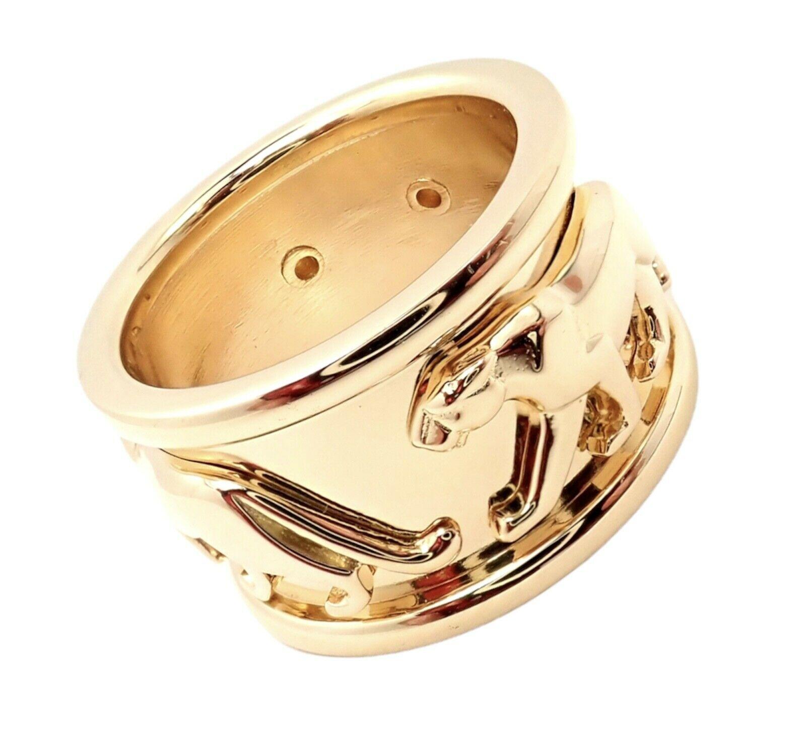 18k Yellow Gold Walking Panther Ring by Cartier. Part of Cartier's Panthere Collection. 
Details: 
Ring Size: European 50, US 5.25
Width: 12mm
Weight: 12 grams
Stamped Hallmarks: Cartier 750 50 (serial number omitted)
Free Shipping within the United