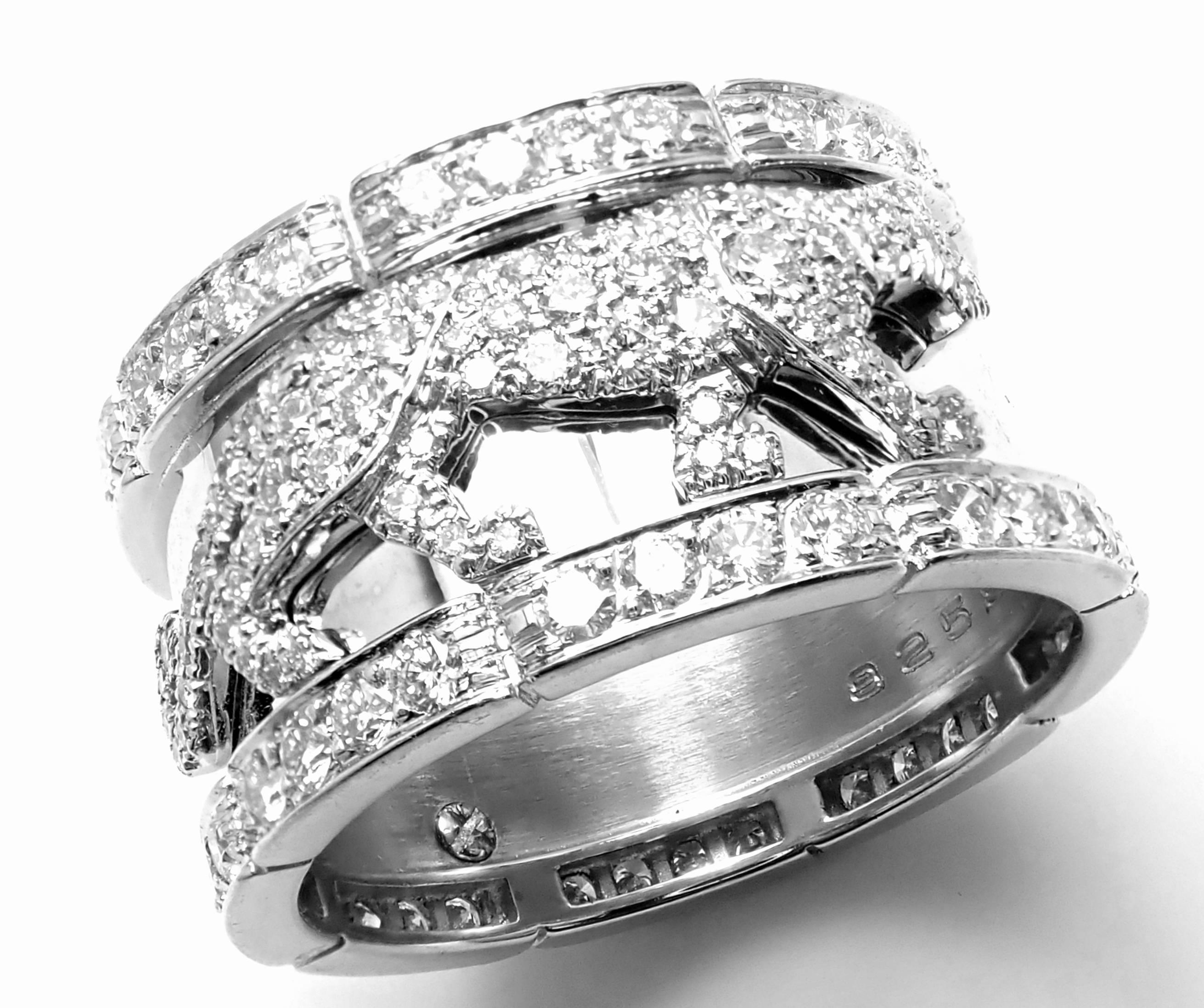 Women's or Men's Cartier Walking Panther Panthere Diamond White Gold Band Ring