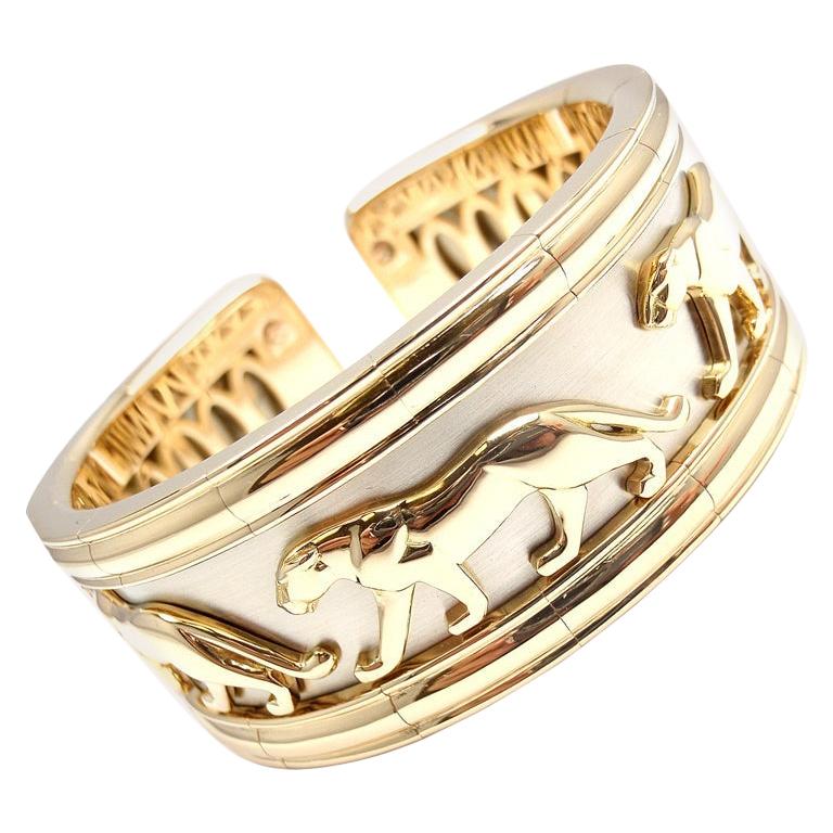 Cartier Walking Panther Yellow and White Gold Cuff Bangle Bracelet