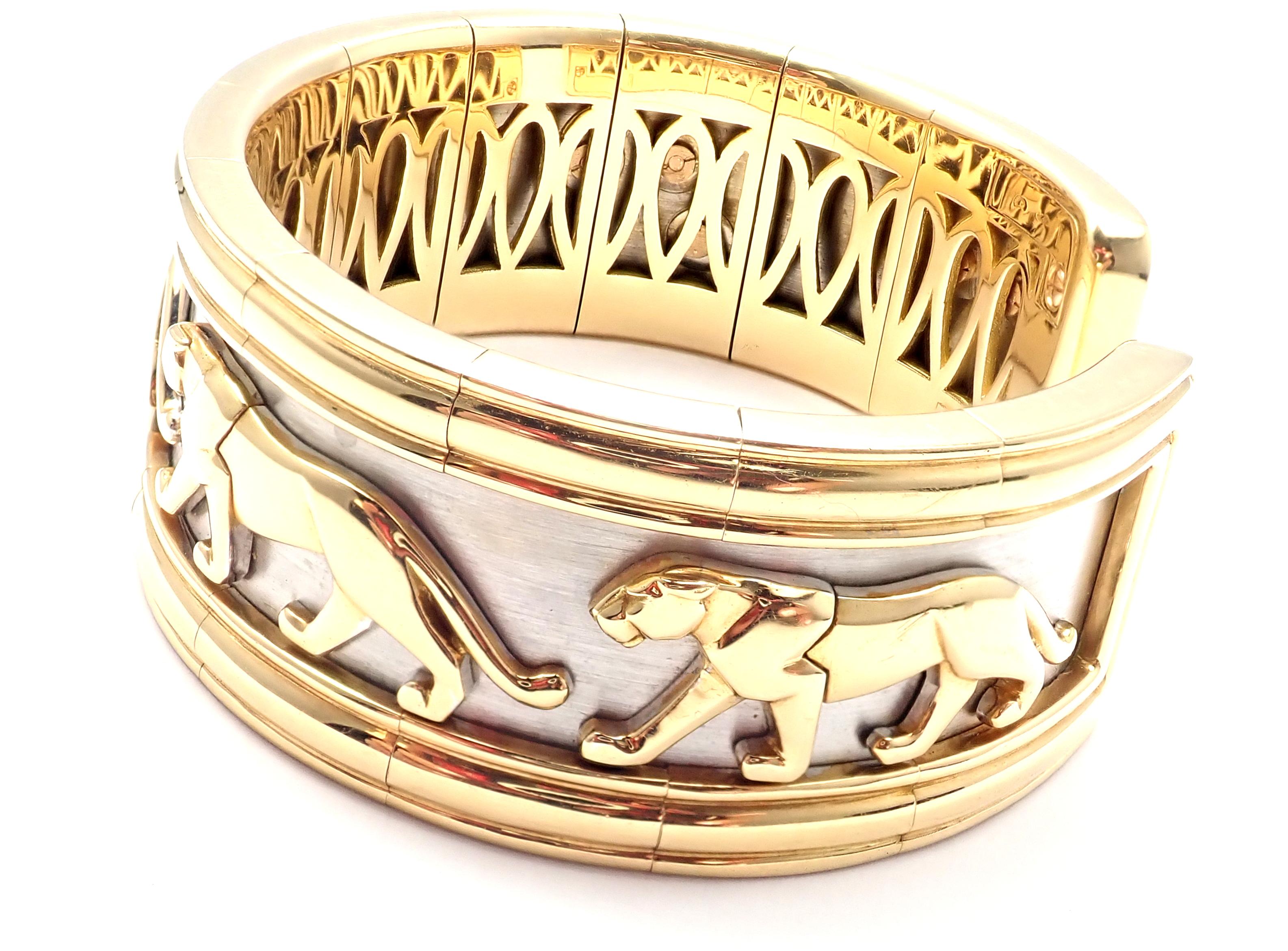 Cartier Walking Panther Yellow and White Gold Cuff Bangle Bracelet In Excellent Condition In Holland, PA