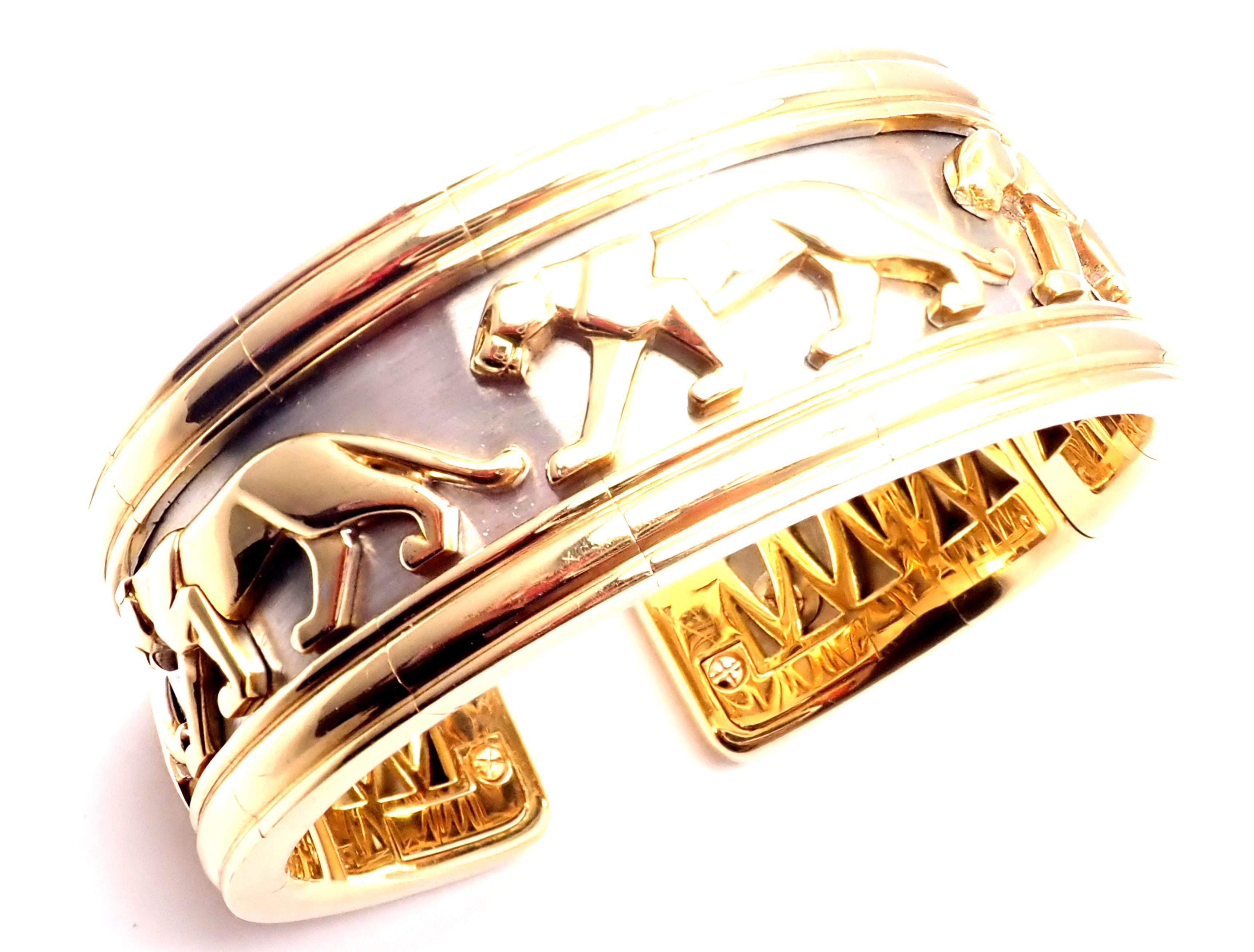 Women's or Men's Cartier Walking Panther Yellow and White Gold Cuff Bangle Bracelet