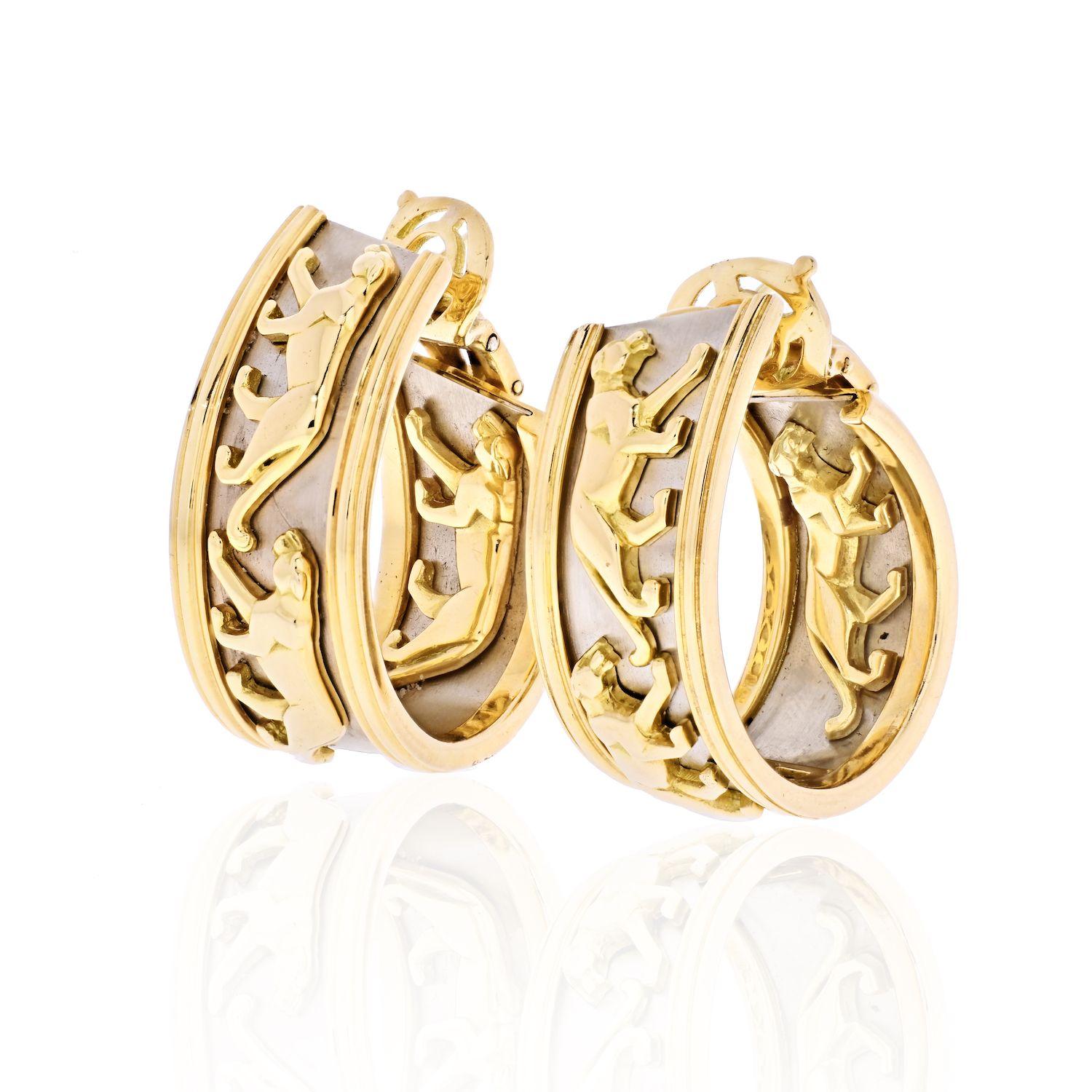 Cartier Walking Panthere Earrings for pierced ears. A chic set of iconic Cartier Panthère hoop earrings in yellow gold white gold. 
Vintage but in excellent condition without any scuffs or scratches. 
Solid and beautiful.
Measurements: 37mm x 14mm
