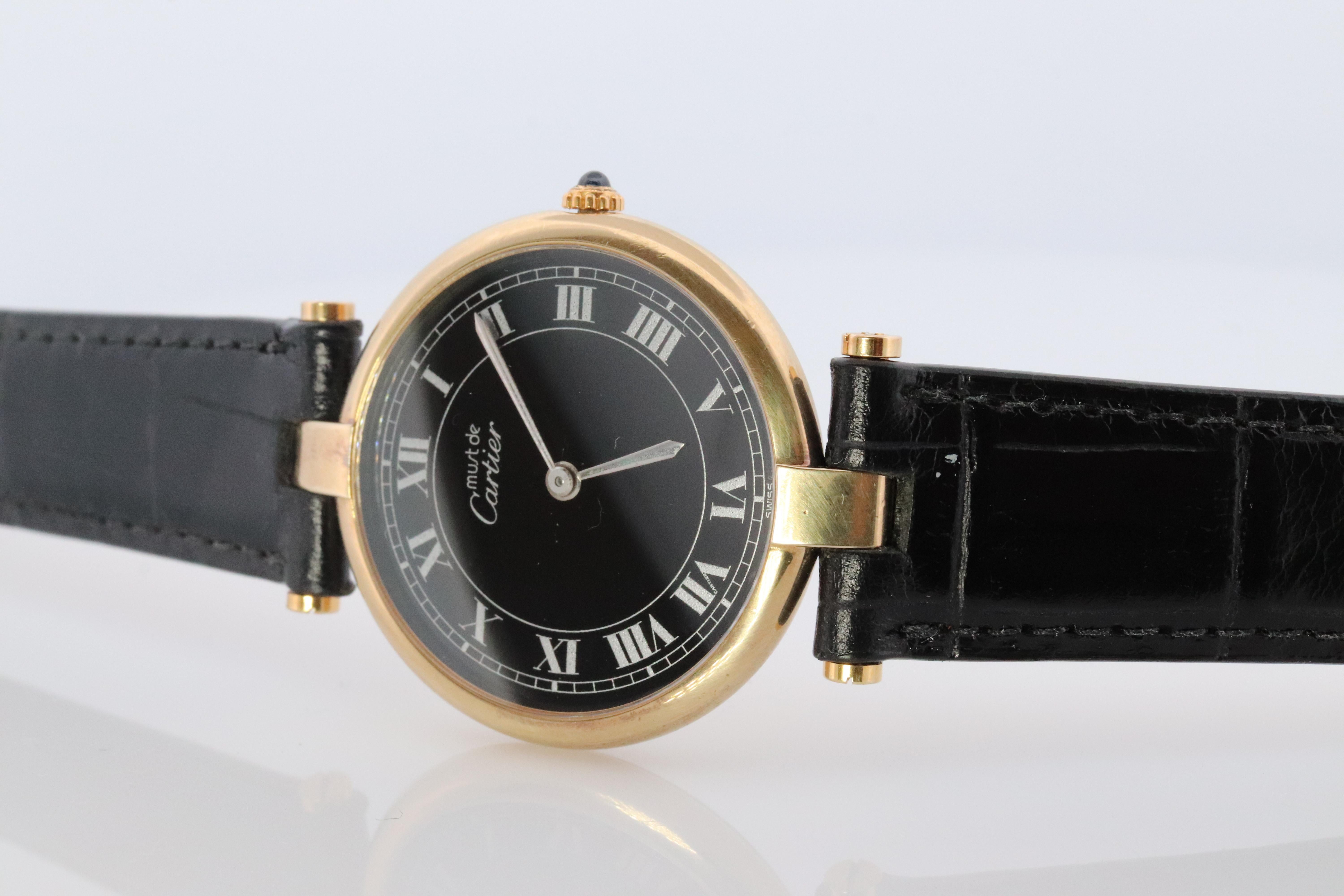 Modern Cartier Watch. Must de Cartier BLACK Vendome Round Argent Vermeil 30mm Dial.