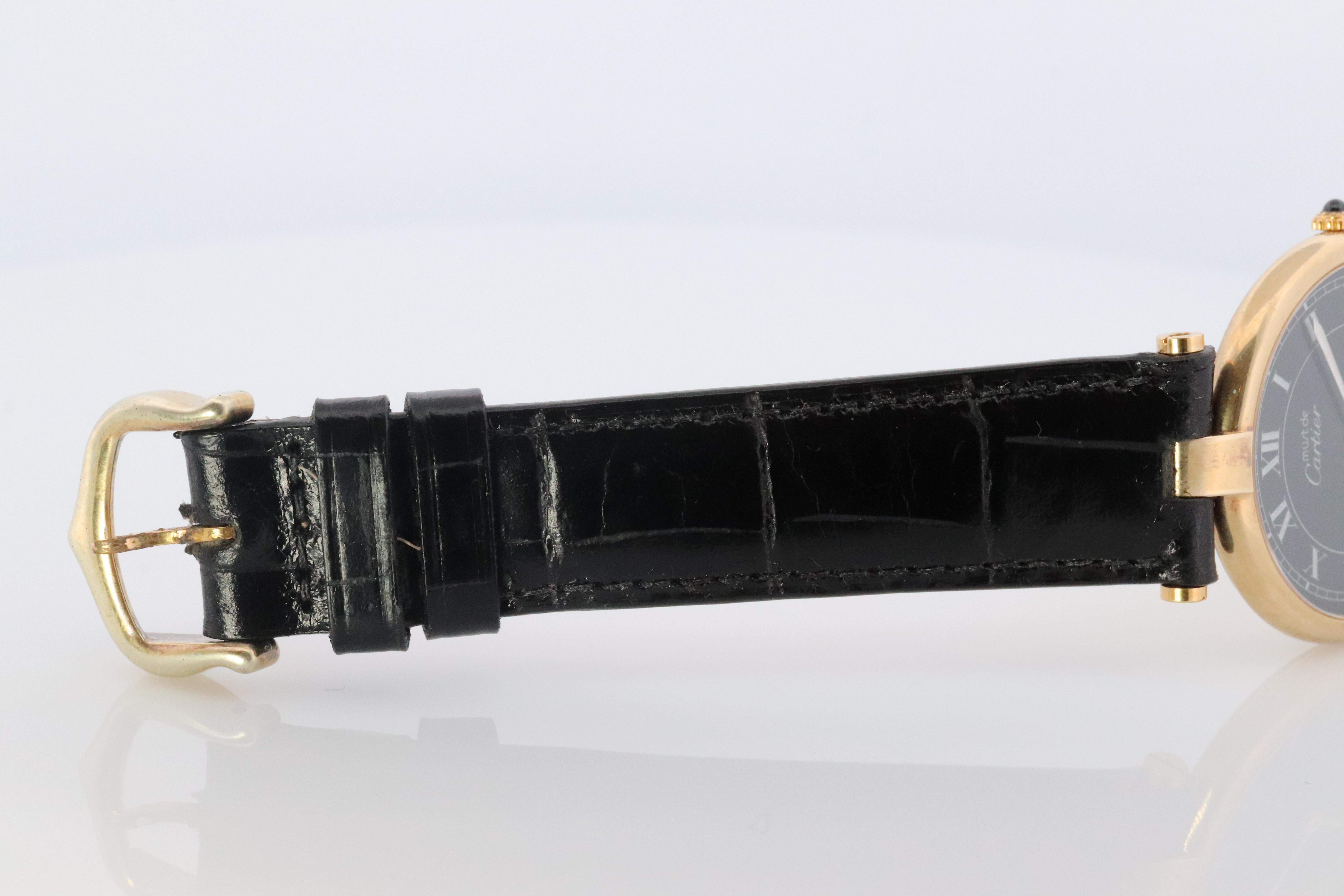 Cabochon Cartier Watch. Must de Cartier BLACK Vendome Round Argent Vermeil 30mm Dial.