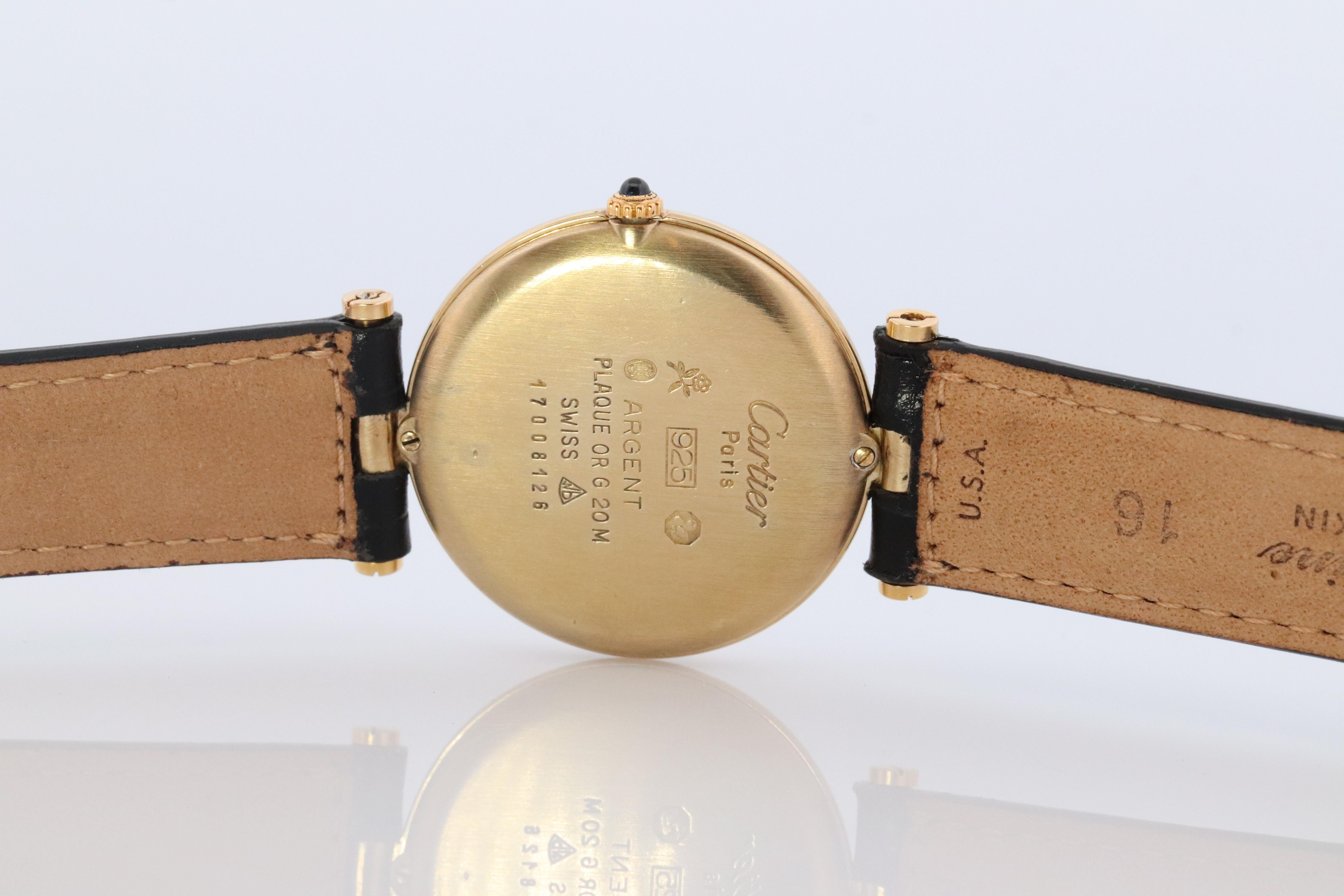 Cartier Watch. Must de Cartier BLACK Vendome Round Argent Vermeil 30mm Dial. In Good Condition In Port Charlotte, FL