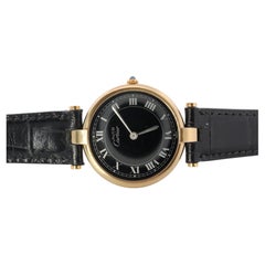 Cartier Watch. Must de Cartier BLACK Vendome Round Argent Vermeil 30mm Dial.