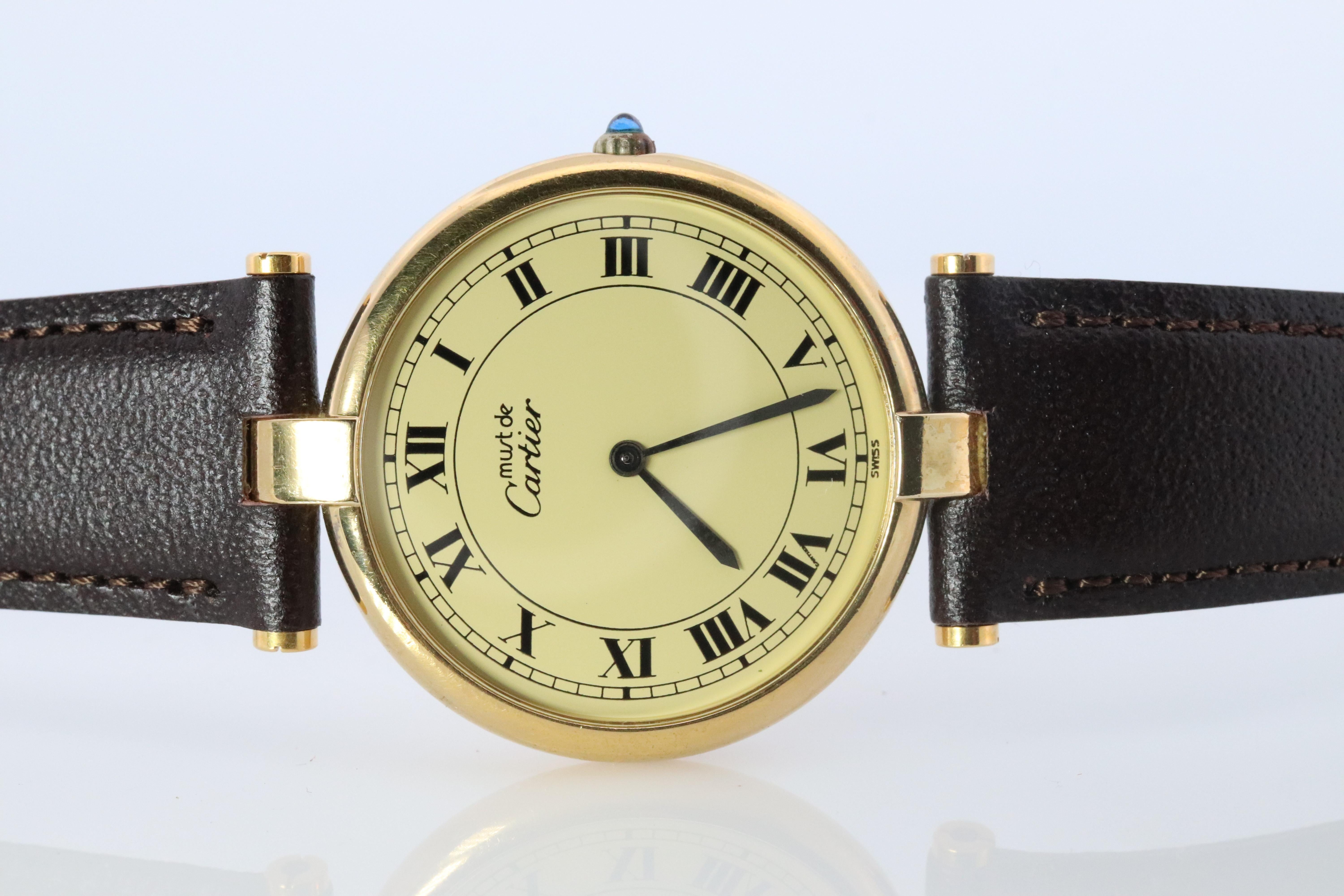 Moderno Orologio Cartier. Must de Cartier Quadrante Champagne Vendome Rotondo Argental Vermeil 30mm. in vendita