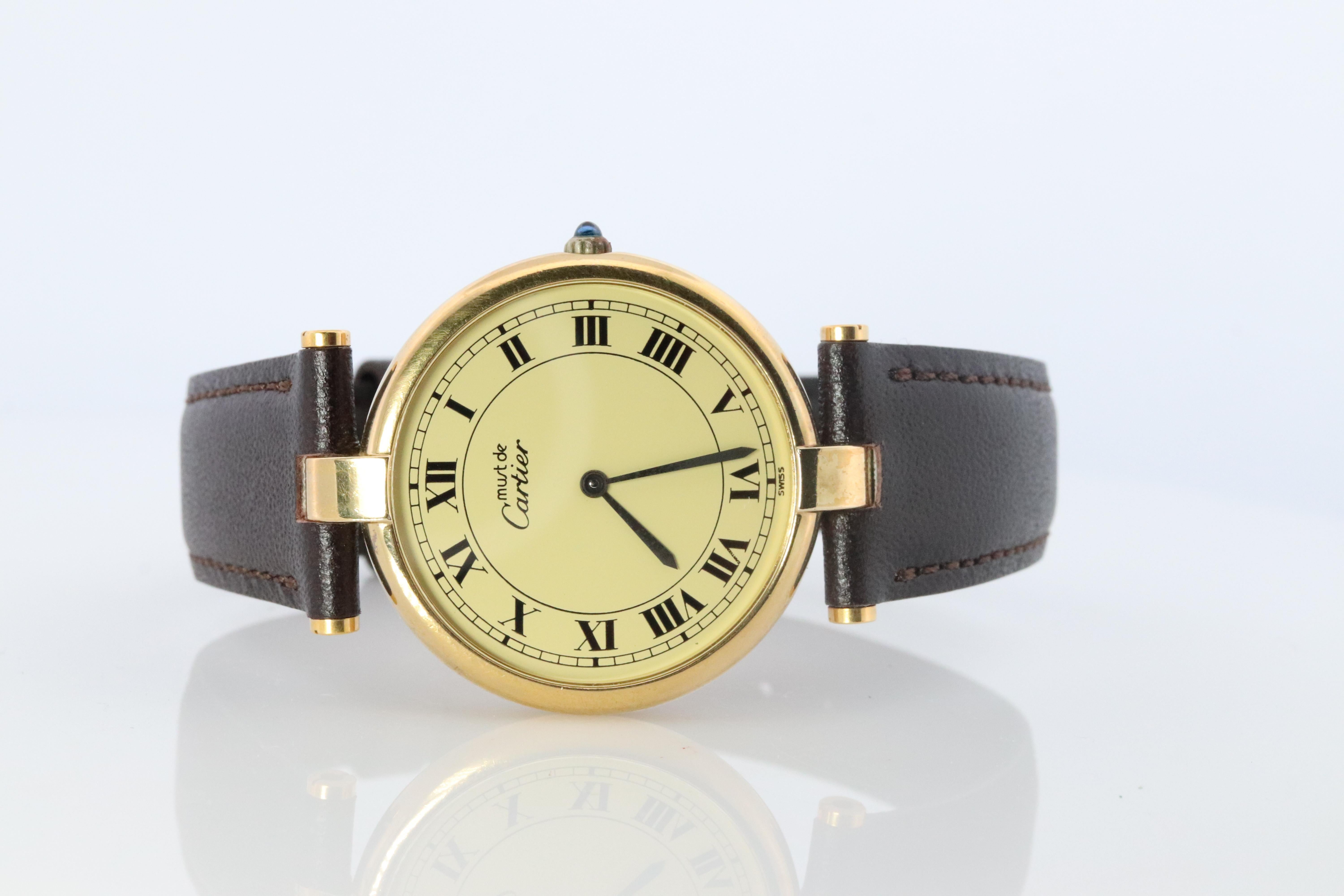 Cabochon Orologio Cartier. Must de Cartier Quadrante Champagne Vendome Rotondo Argental Vermeil 30mm. in vendita