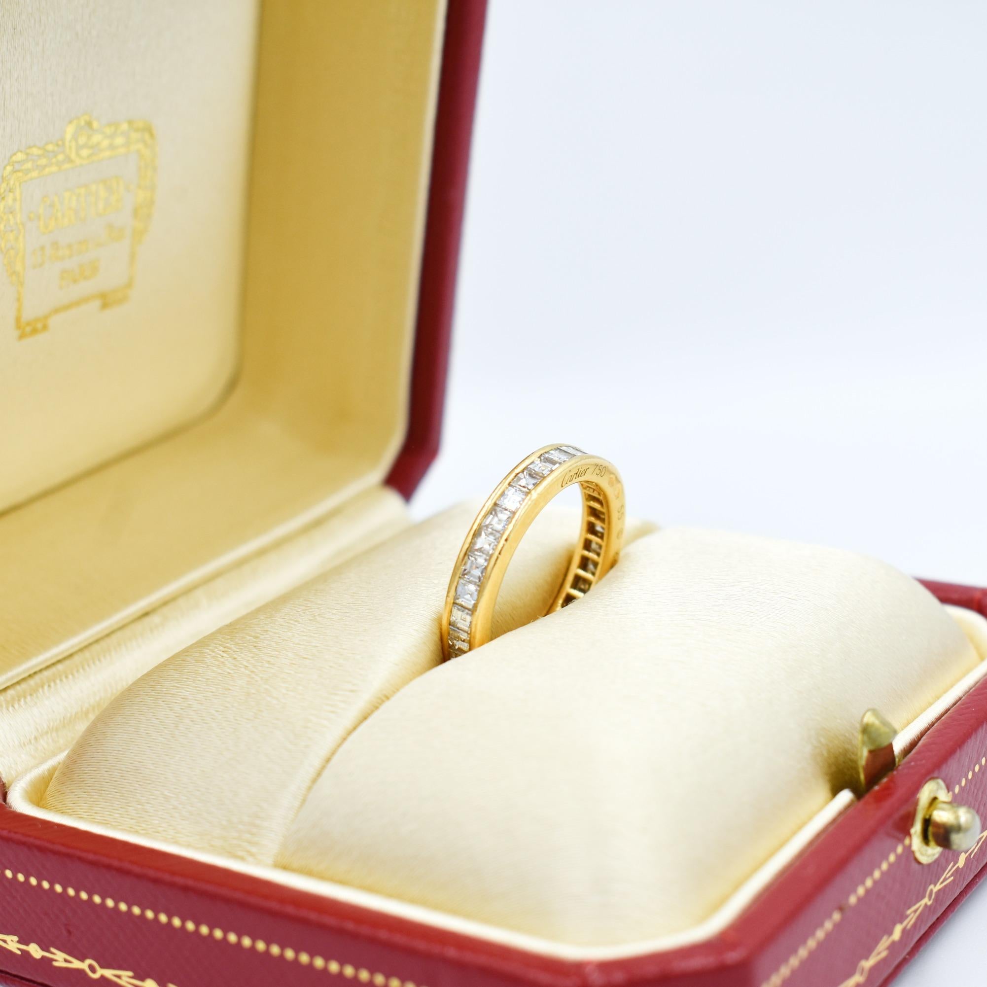 Cartier wedding ring 18k yellow gold,
Around 2 carat of diamonds princess cut
signed, factory numbers and box

Cartier retail price 12500$
