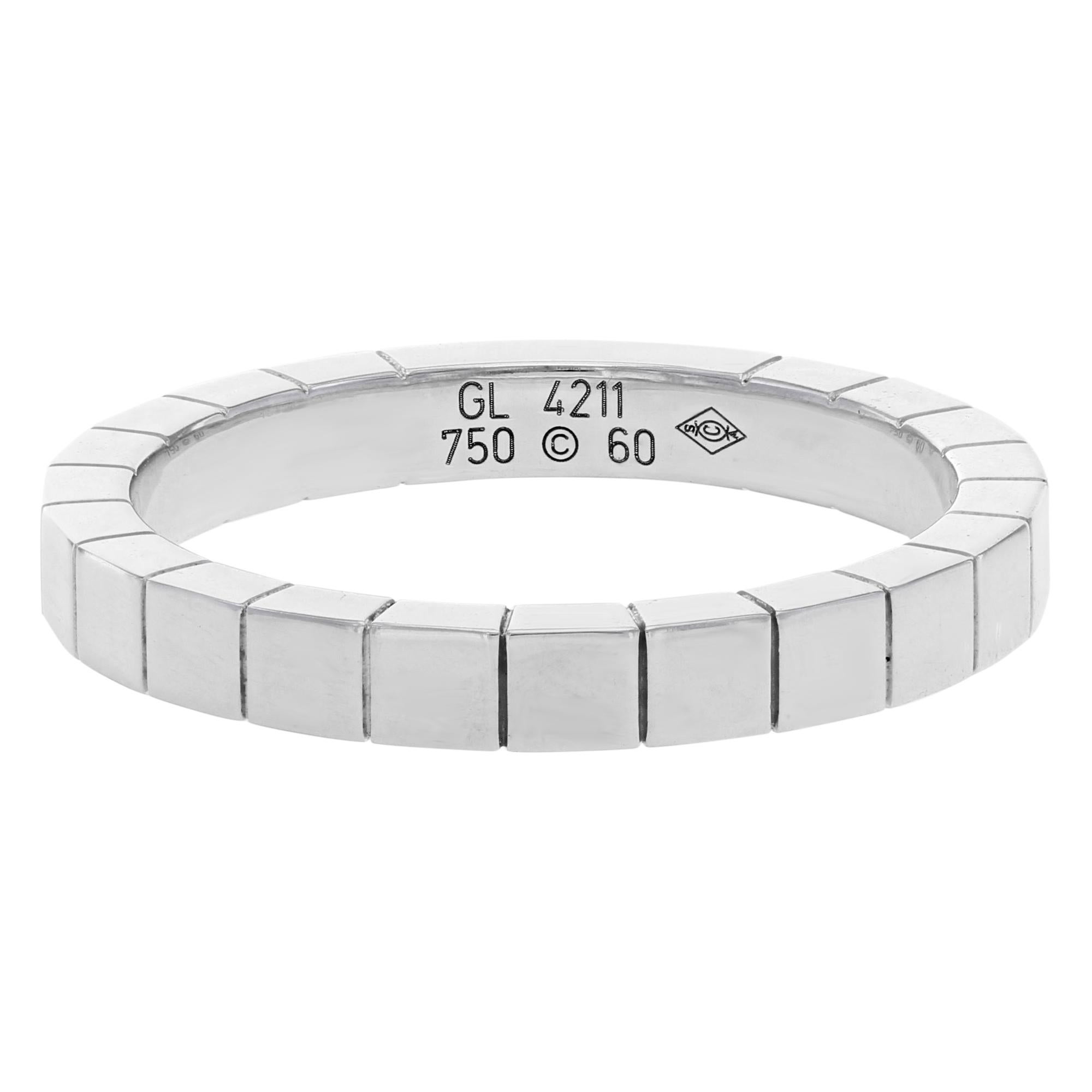 Aauthentic Cartier Lanieres B4045060 18K White Gold Unisex Wedding Band is pre-owned in excellent condition -- it will be polished before shipping and will look flawless. It's made of 18K white gold, size of the ring is 9.5 and total weight 7 g. The