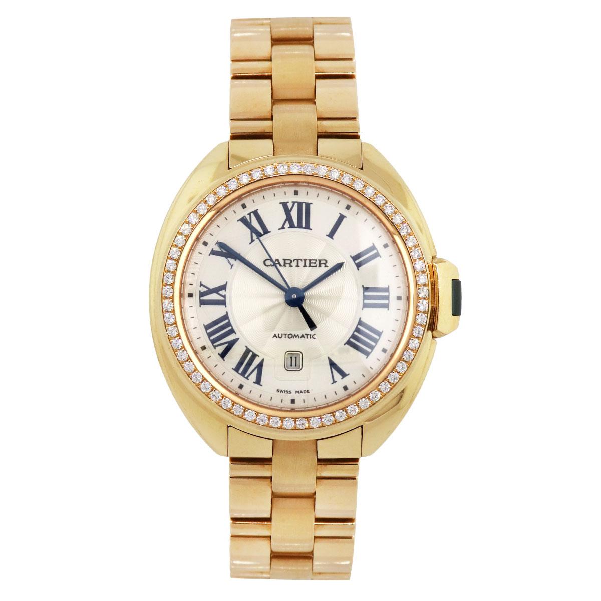 Brand: Cartier
MPN: WFCL0003
Model: Cle
Case Material: 18k rose gold
Case Diameter: 35mm
Crystal: Sapphire crystal
Bezel: Diamond bezel
Dial: White roman dial
Bracelet: 18k rose gold
Size: Will fit up to a 6.50″ wrist
Clasp: Double locking fold over