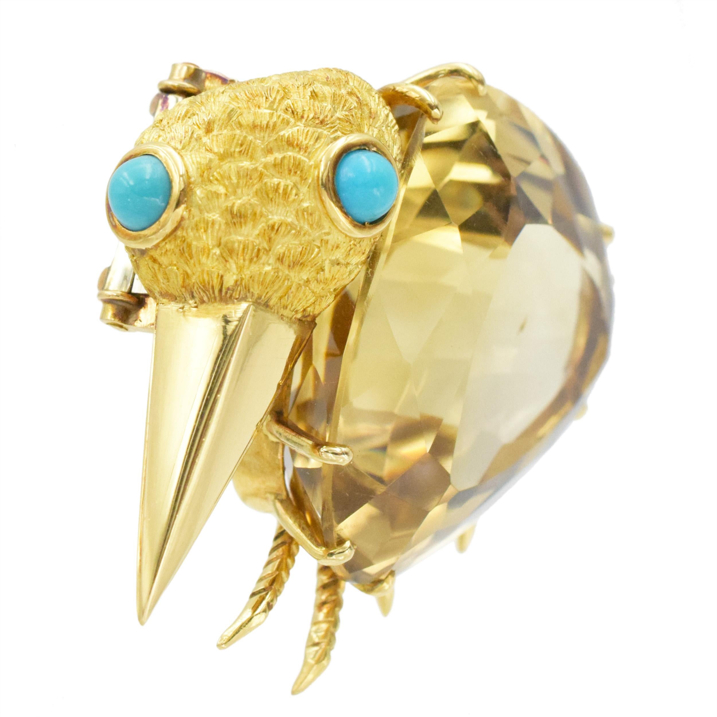Cartier Citrine whimsical Bird Brooch in 18k Yellow Gold. In Excellent Condition For Sale In New York, NY