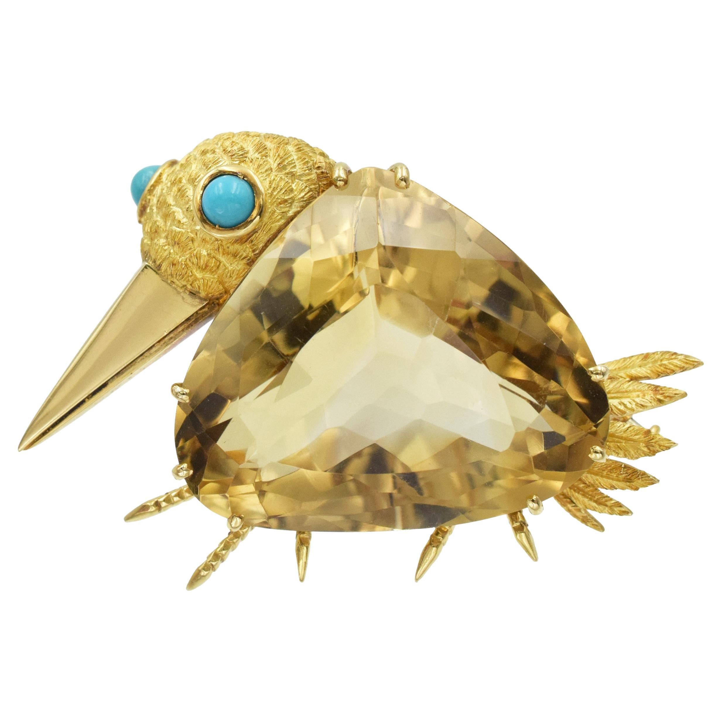 Cartier Citrine whimsical Bird Brooch in 18k Yellow Gold. For Sale