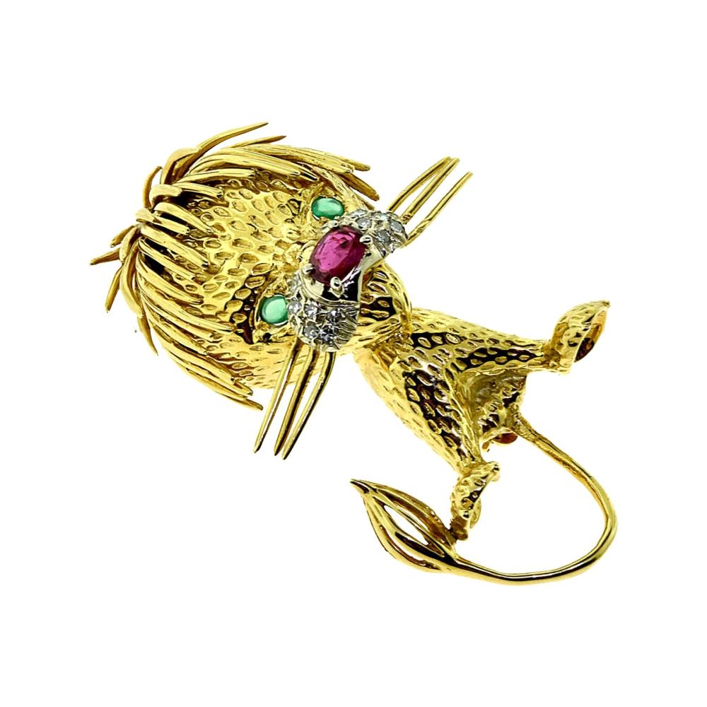 Cartier ‘Whimsical Lion’ Diamond, Ruby and Emerald Gold Brooch Pin