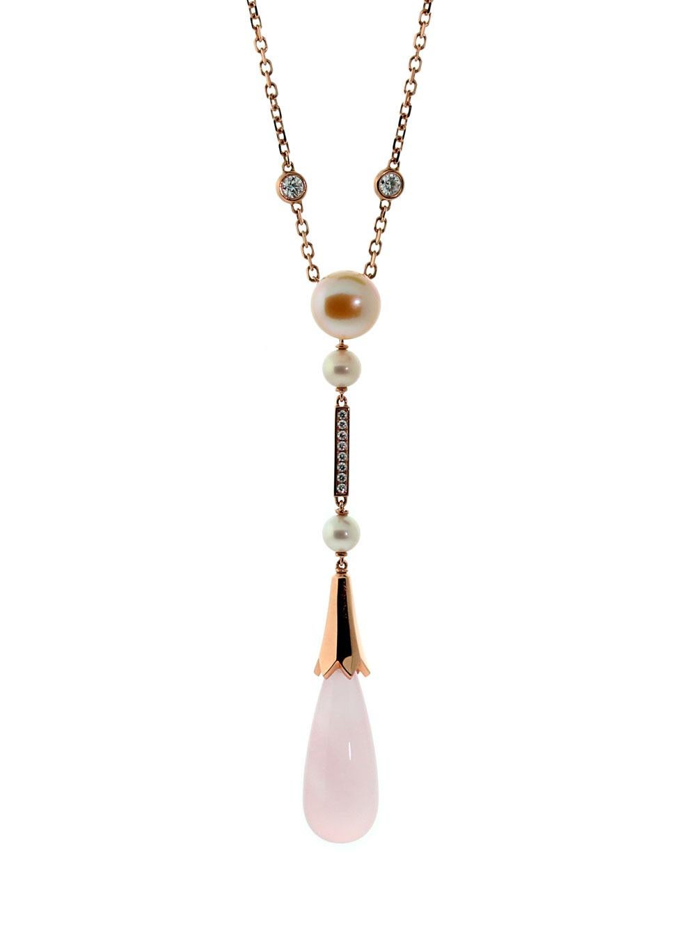 Cartier Monica Bellucci Goldhalskette mit Perlen und rosa Quarz und Diamanten im Zustand „Hervorragend“ im Angebot in Feasterville, PA