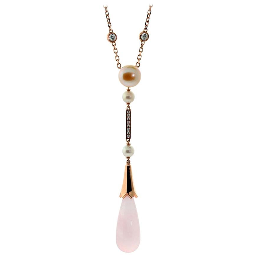 Cartier Monica Bellucci Pearl Pink Quartz Diamond Gold Necklace For Sale