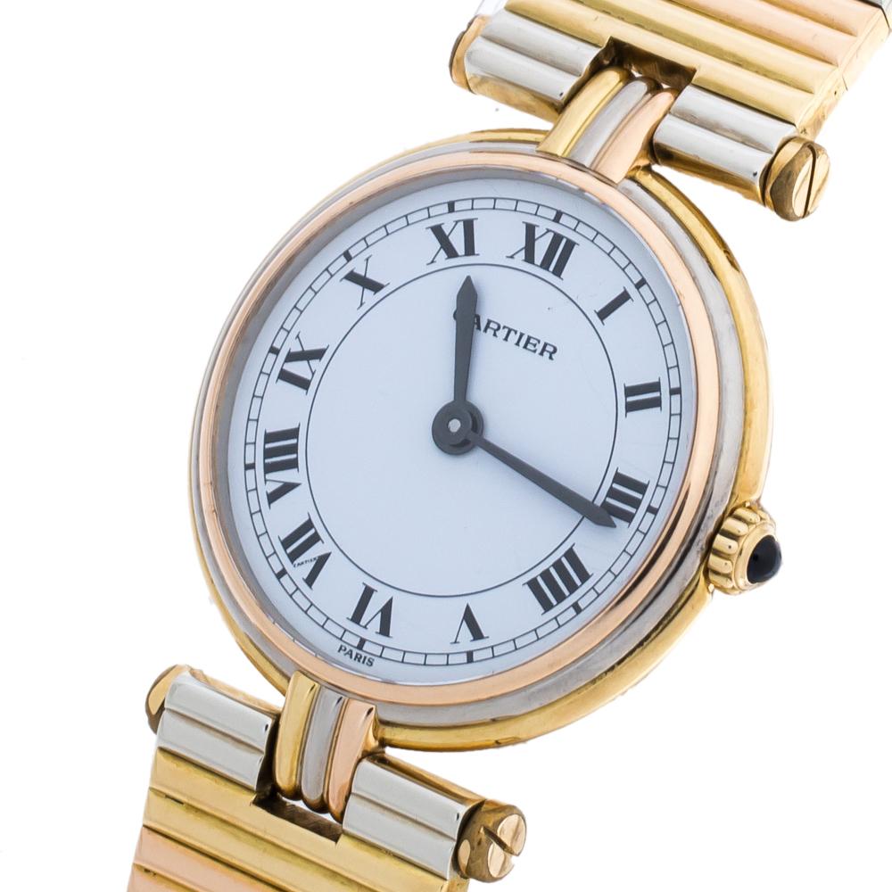 Designed with a blissful blend of luxury and fine craftsmanship, this Trinity Vendôme from Cartier is sure to delight your style. In an 18k three-toned gold body, the watch functions in a quartz movement. A sapphire crystal glass protects a white