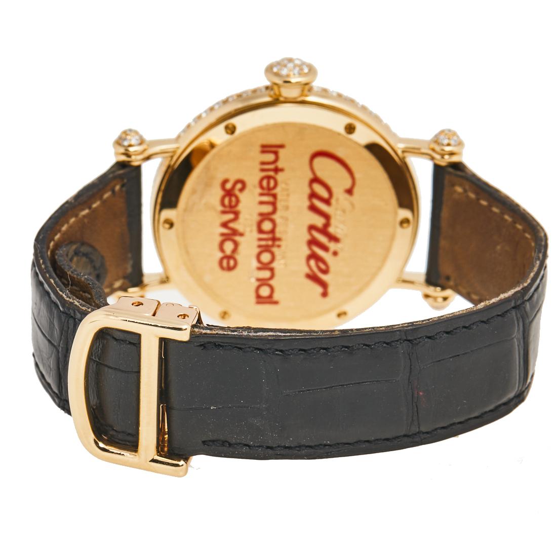 Dazzle the eyes that fall on you when you flaunt this Diabolo timepiece from Cartier on your wrist. Swiss-made, it has a gorgeous case crafted from 18K yellow gold, decorated wonderfully with diamonds, and held by a leather bracelet. The watch