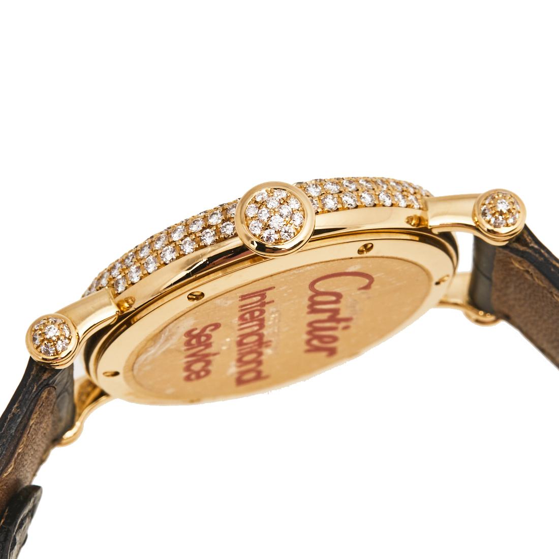 Contemporary Cartier White 18k Yellow Gold Leather Diamond Diabolo 1430 Women's Wristwatch 33
