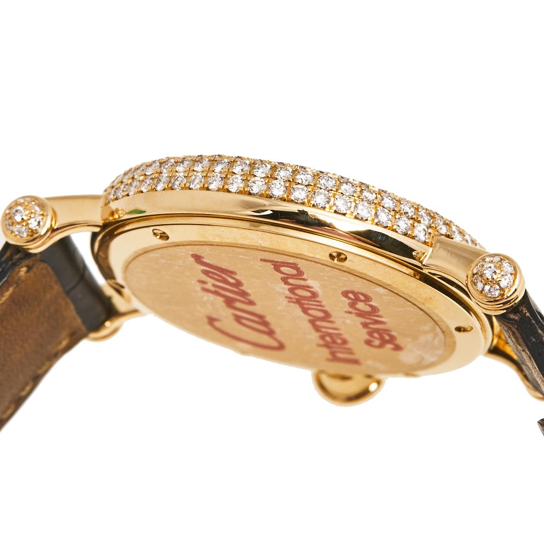 Mixed Cut Cartier White 18k Yellow Gold Leather Diamond Diabolo 1430 Women's Wristwatch 33