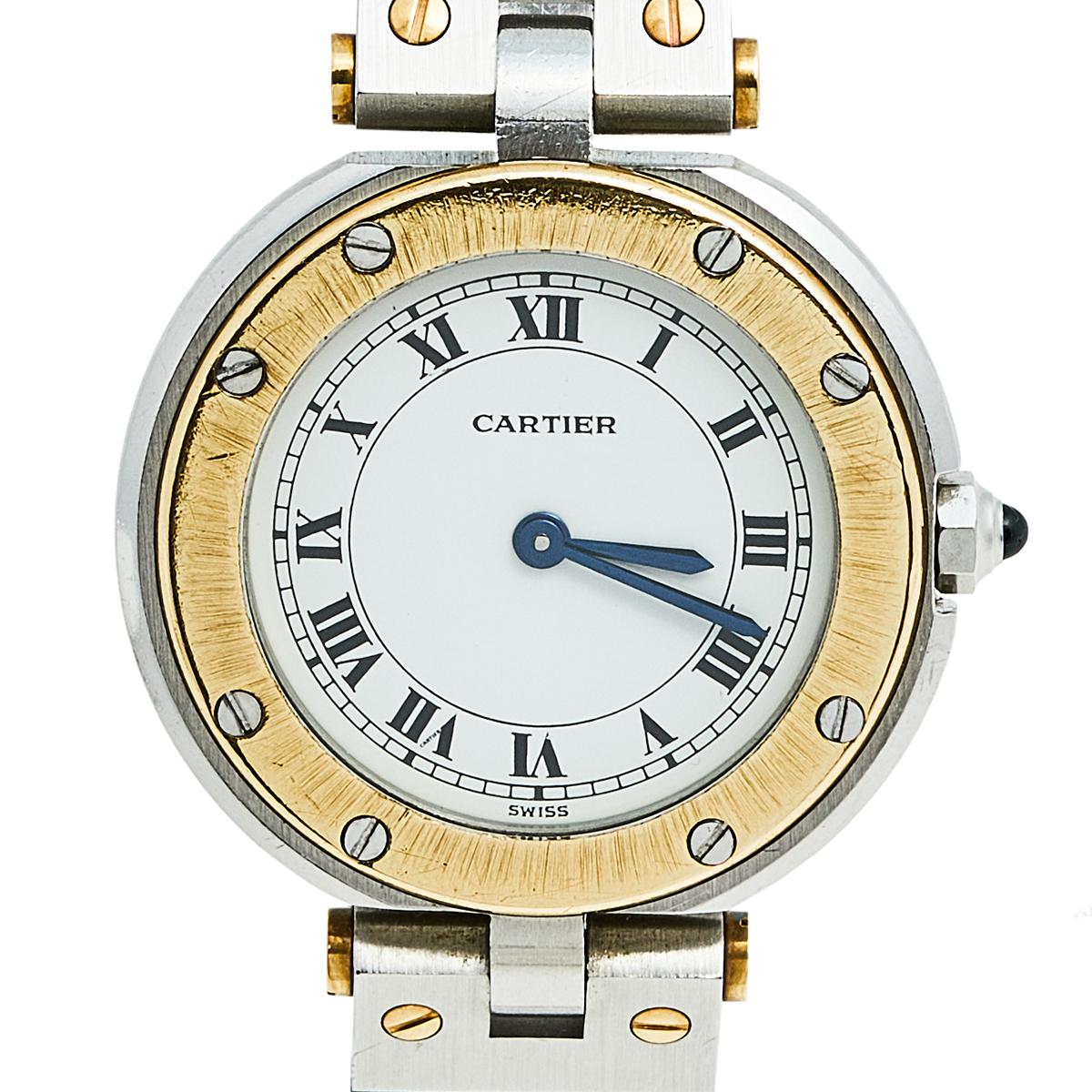 Cartier White 18k Yellow Gold Stainless Steel Santos Ronde 8191 Wristwatch 27 mm In Good Condition In Dubai, Al Qouz 2
