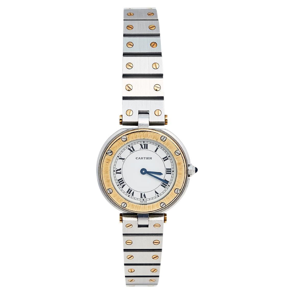 Cartier White 18k Yellow Gold Stainless Steel Santos Ronde 8191 Wristwatch 27 mm