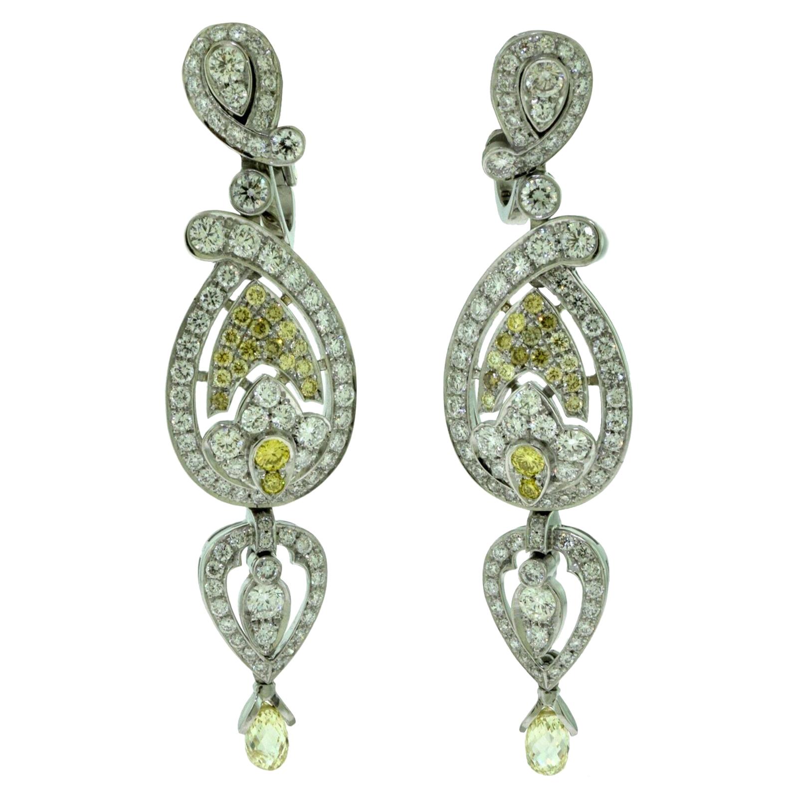 Cartier White and Yellow Diamond Dangle Platinum Earrings with Papers, 10 Carat