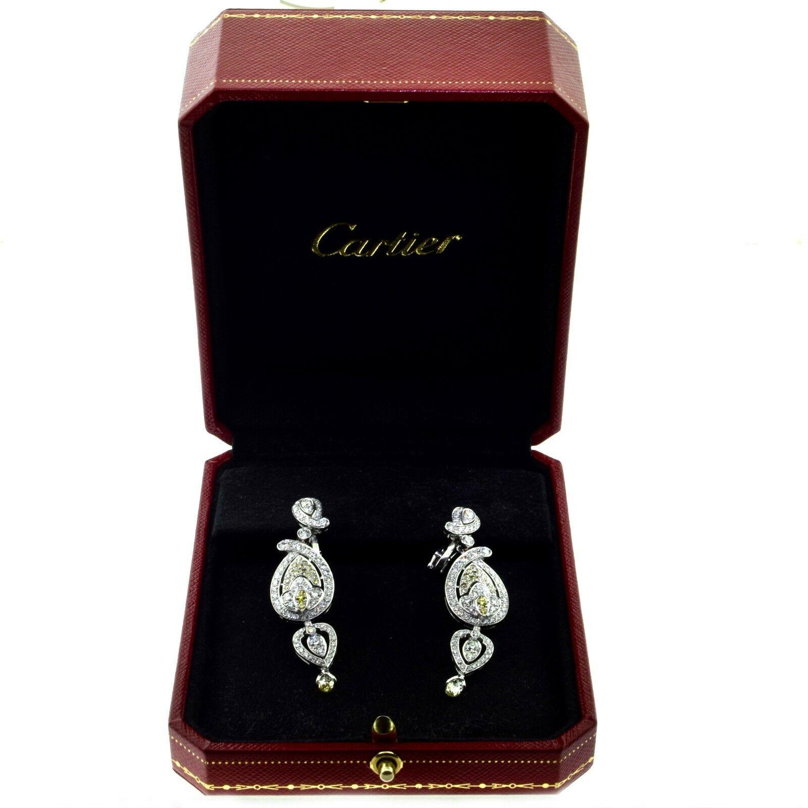 Brilliant Cut Cartier White and Yellow Diamond Dangle Platinum Earrings with Papers, 10 Carat