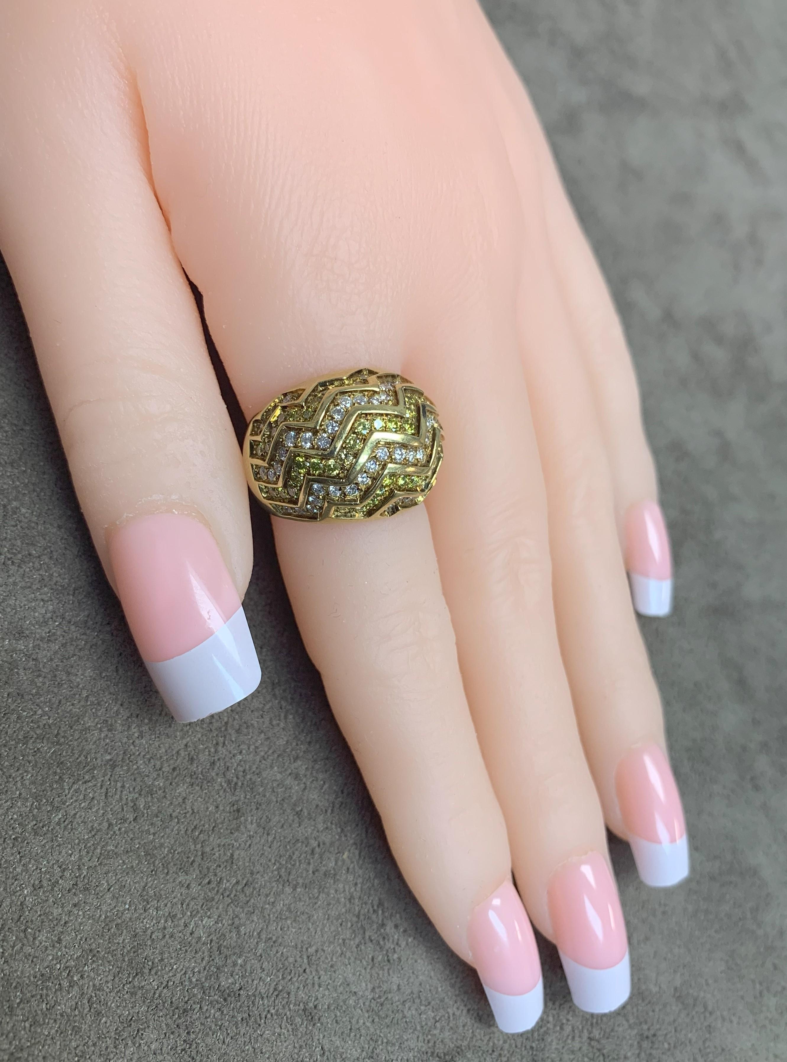 Round Cut Cartier White and Yellow Diamond Zig-Zag Bombe Ring, 18K