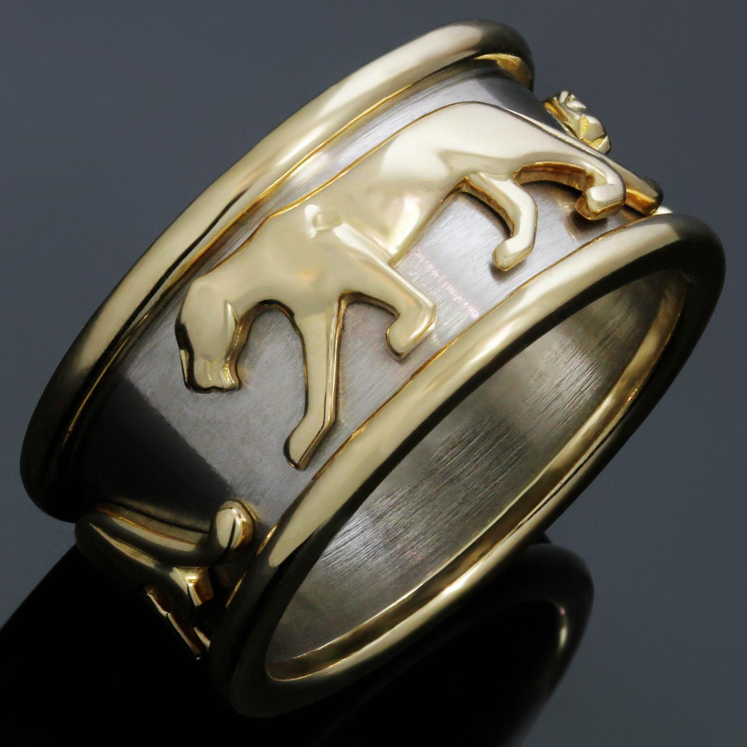 This gorgeous authentic Cartier ring features an 18k white gold band with an alluring design of walking panthers crafted in 18k yellow gold and completed with yellow gold edges. Made in France circa 2000s. Measurements: 0.47