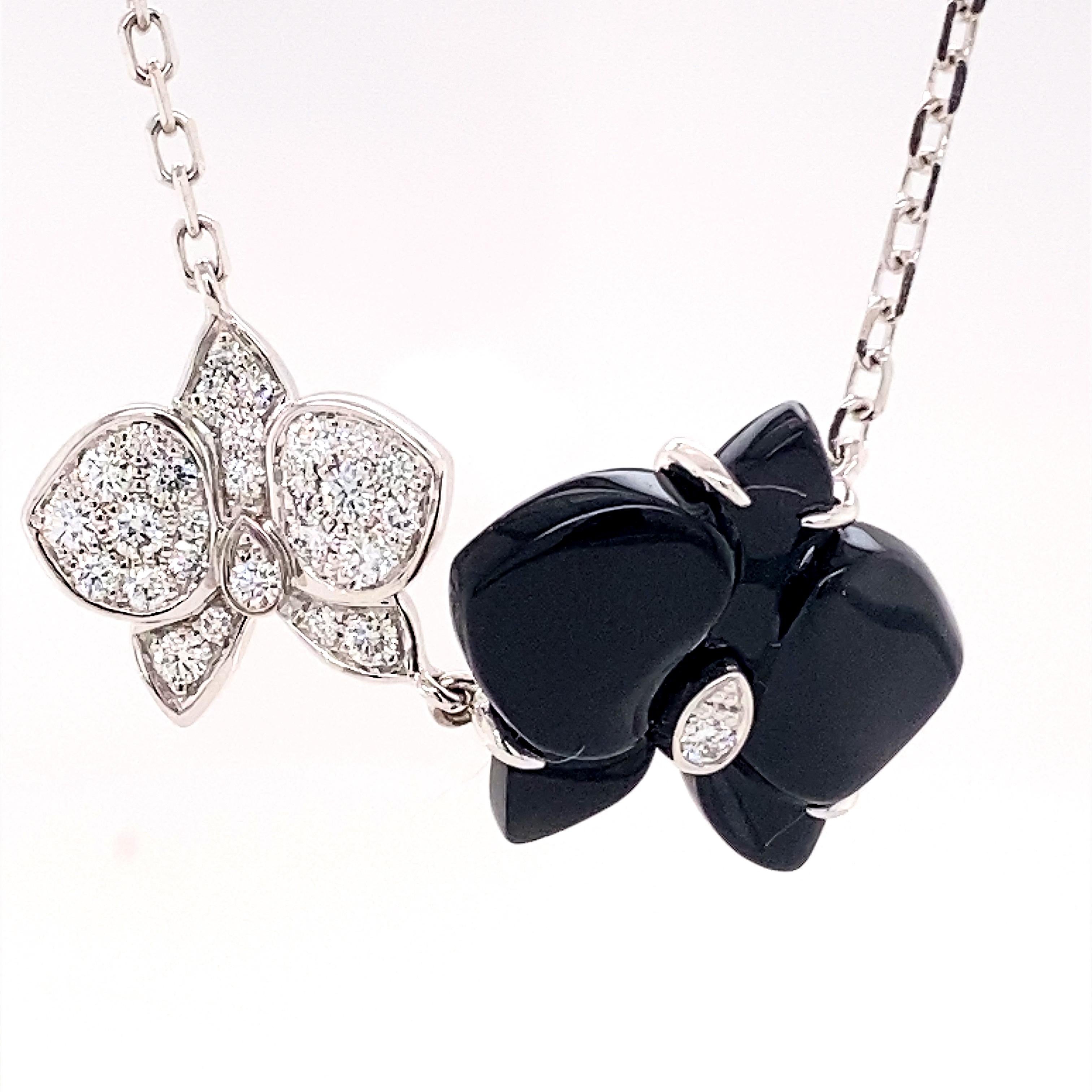 Round Cut Cartier White Black Caresse D'orchidees Flower Diamond Onyx Pendant Necklace For Sale