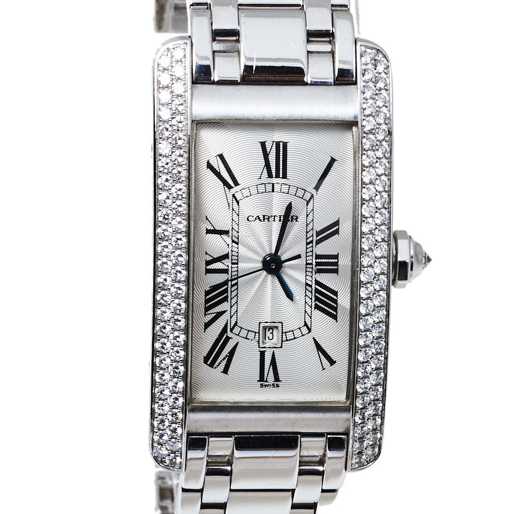 Uncut Cartier White Diamonds 18K White Gold Tank Americaine Wristwatch 22 x 41 MM